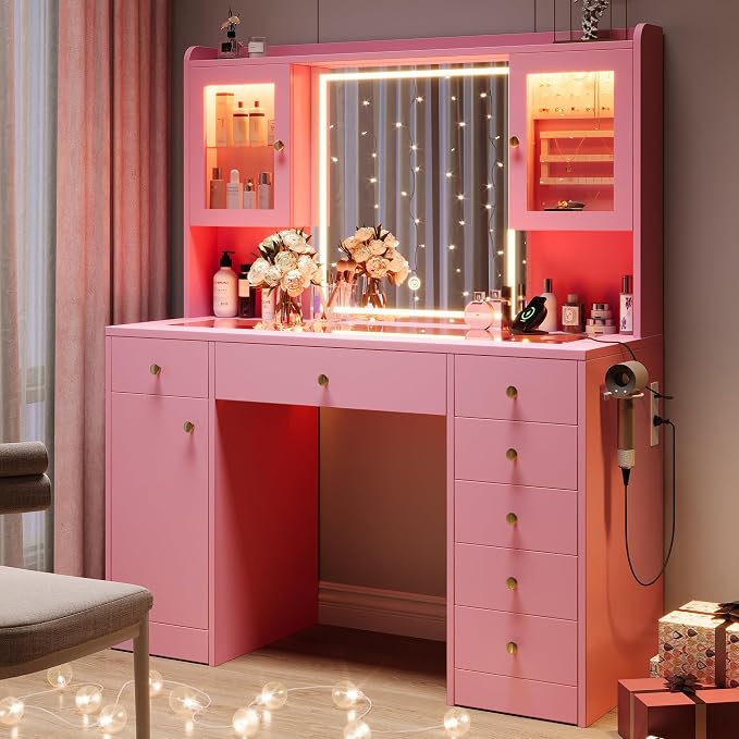 Black Glass-Top LED Makeup Vanity