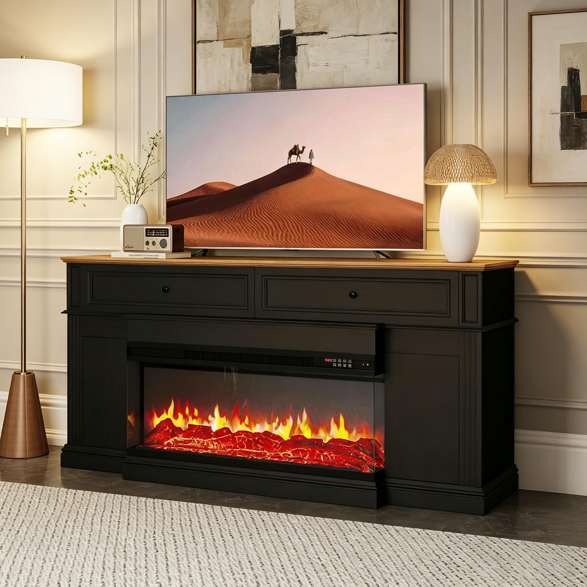 Breezestival Electric Fireplace TV Stand with 3-Sided Fireplace, 63" Entertainment Center for TVs up to 70", Modern Media Console with Large Storage, Black