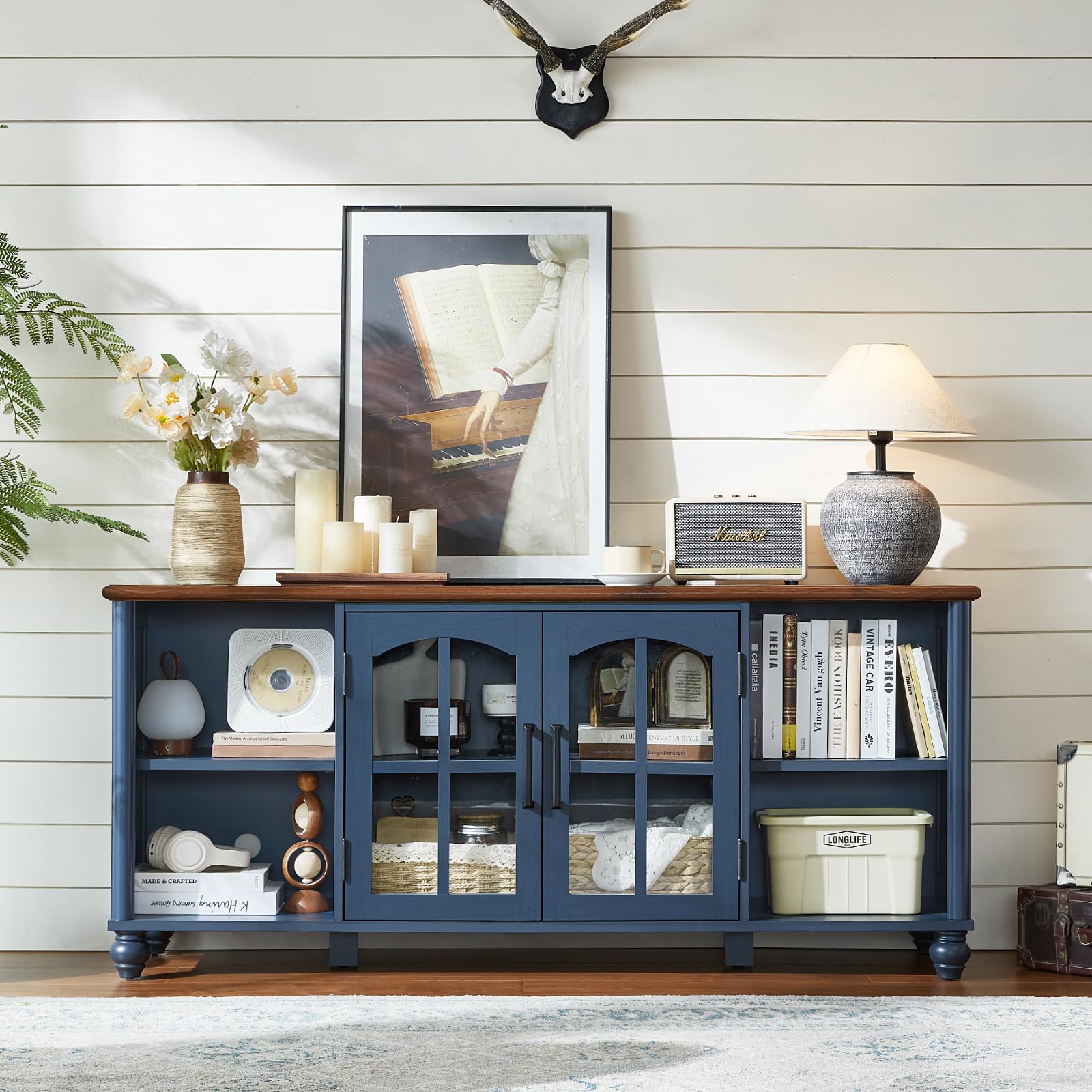 RWYHG Farmhouse TV Stand for 60 Inch TV, Wood Entertainment Center with Adjustable Shelves & Glass Door Storage Cabinet,Television Stands for 65" TVS,TV Console Table for Living Room,Bedroom,Navy Blue
