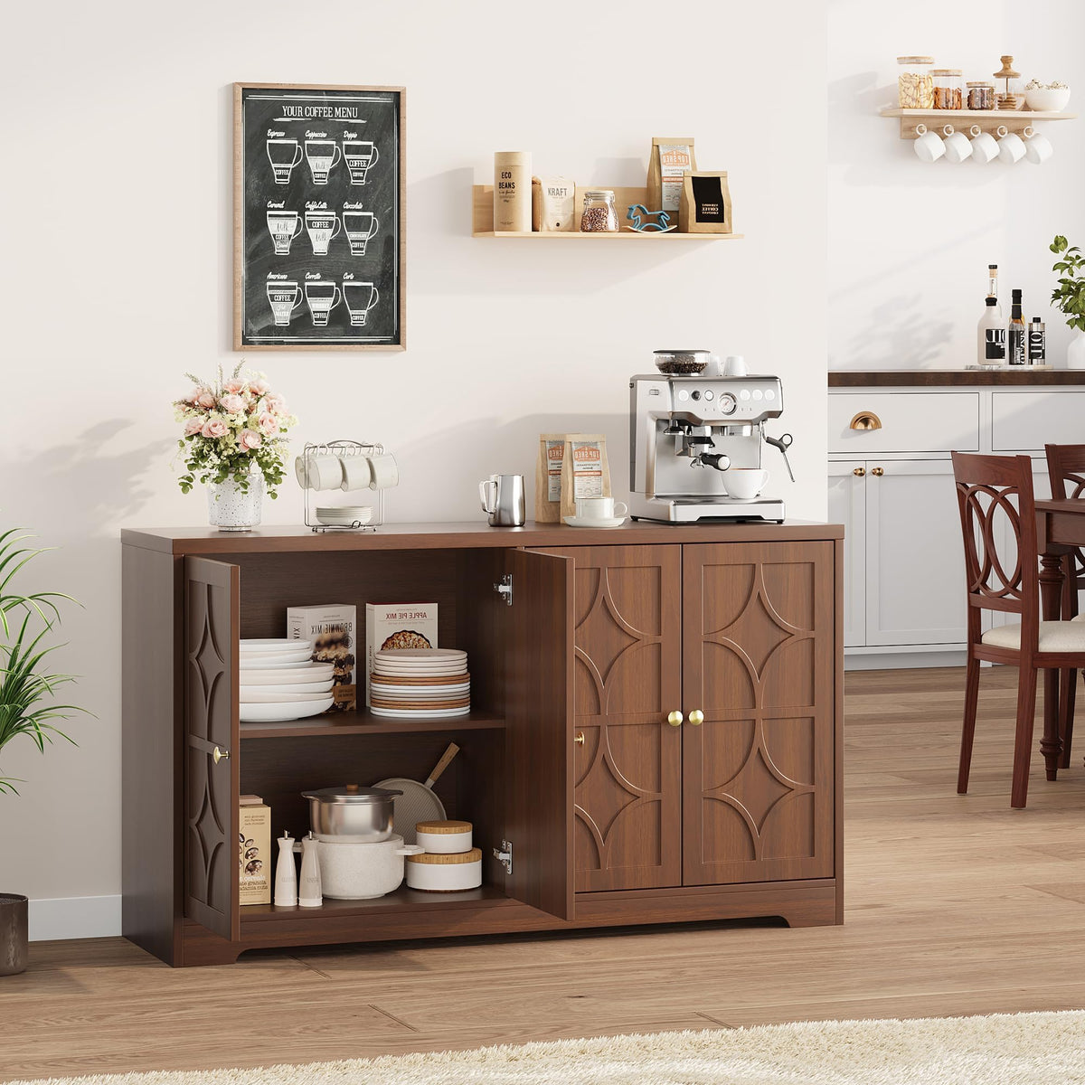 Garvee Sideboard Buffet Cabinet with Storage, 56" Modern Sideboard, Brown