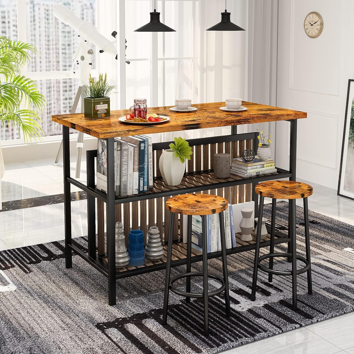3-Piece Industrial Bar Table Set with Storage