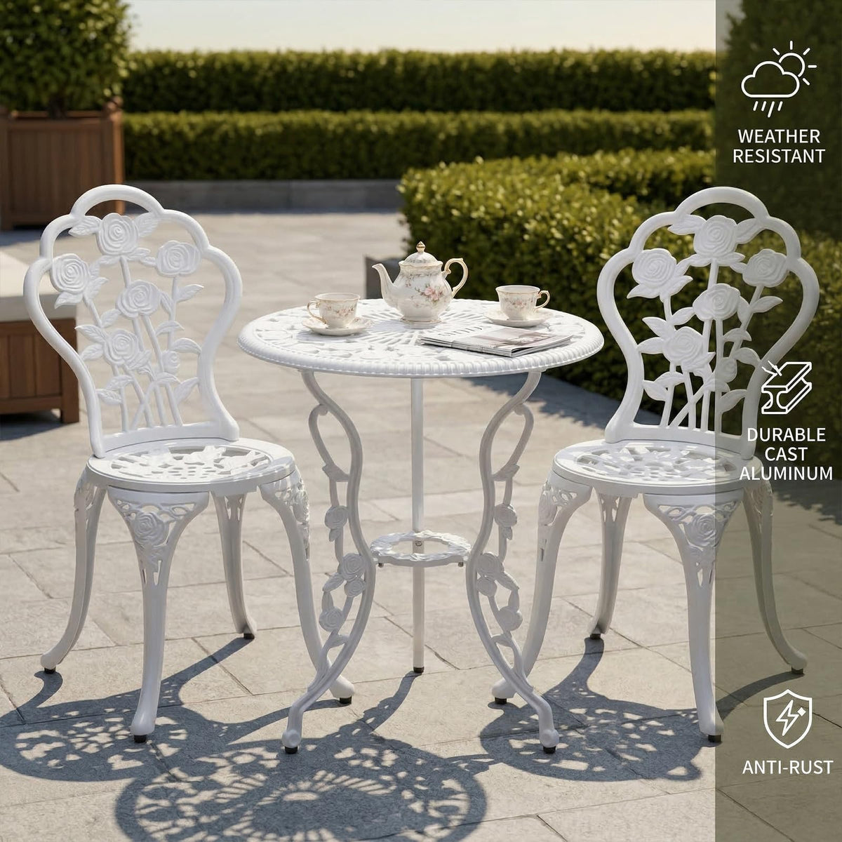 GXOUTAL 3-Piece Cast Aluminum Outdoor Bistro Set, All-Weather Outdoor Table and Chairs Set of 2 with Umbrella Hole for Balcony, Backyard, Deck, Garden (Rose White)