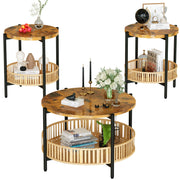AWQM 3 Pieces Coffee Table Set for Living Room, 2 Tier Round Rattan Coffee End Side Table, Boho Living Room Table Set with Metal Frame for Bedroom Office