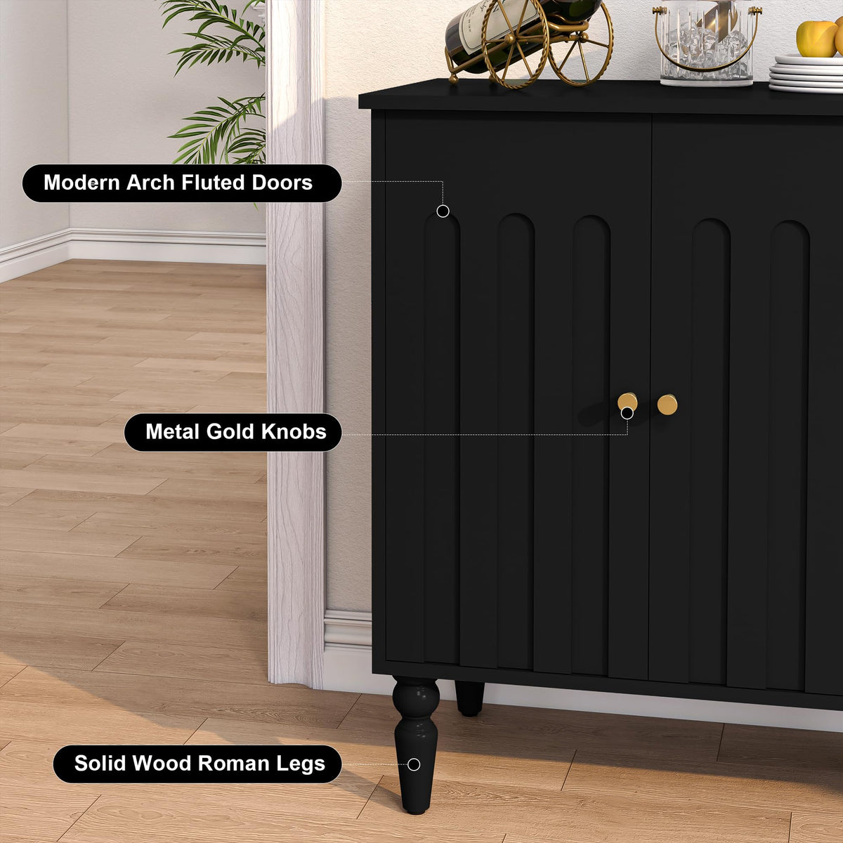 Surmorn 47” Arched Fluted Sideboard Buffet Cabinet with Storage, Black
