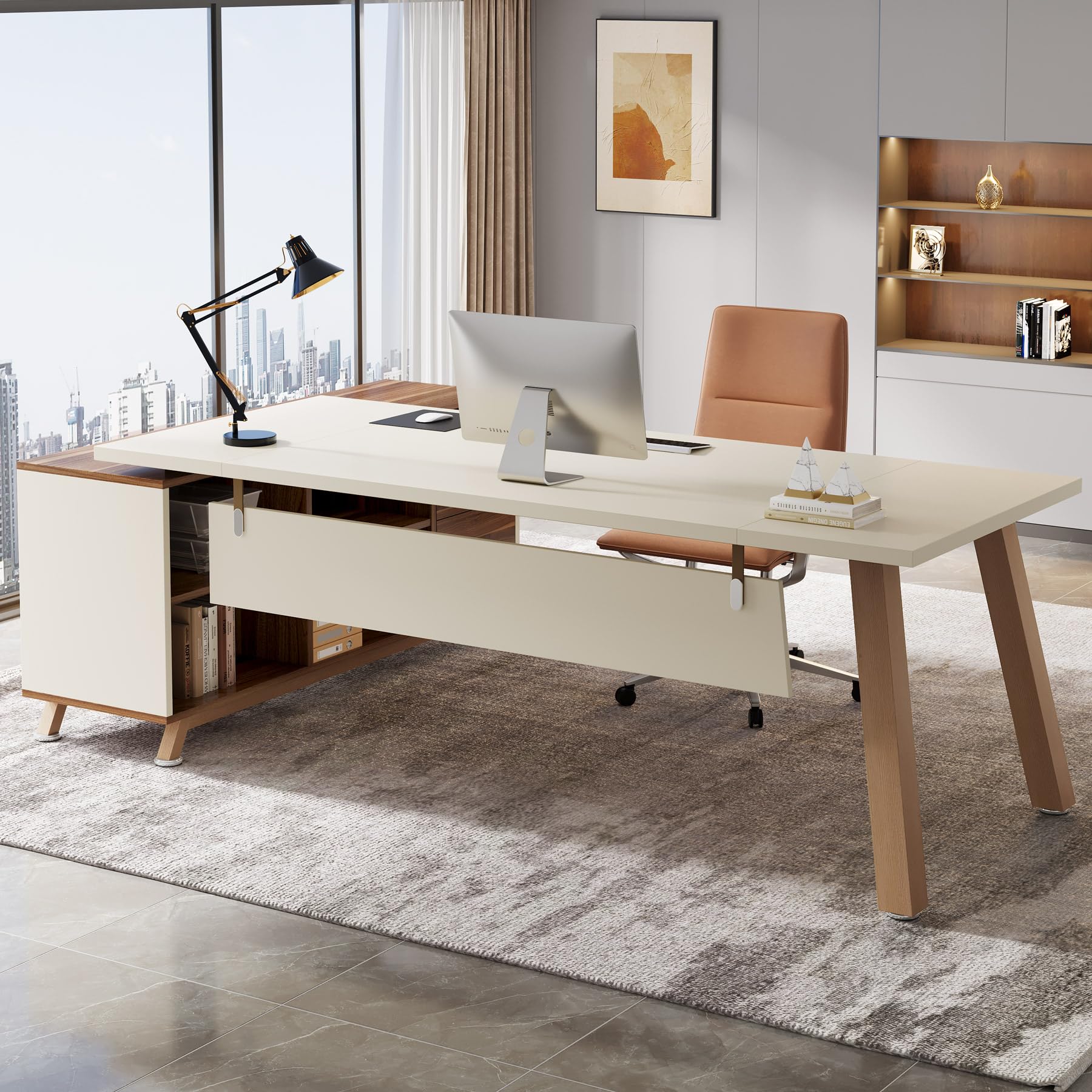 L-Shaped Desk with Storage Shelves & Drawers