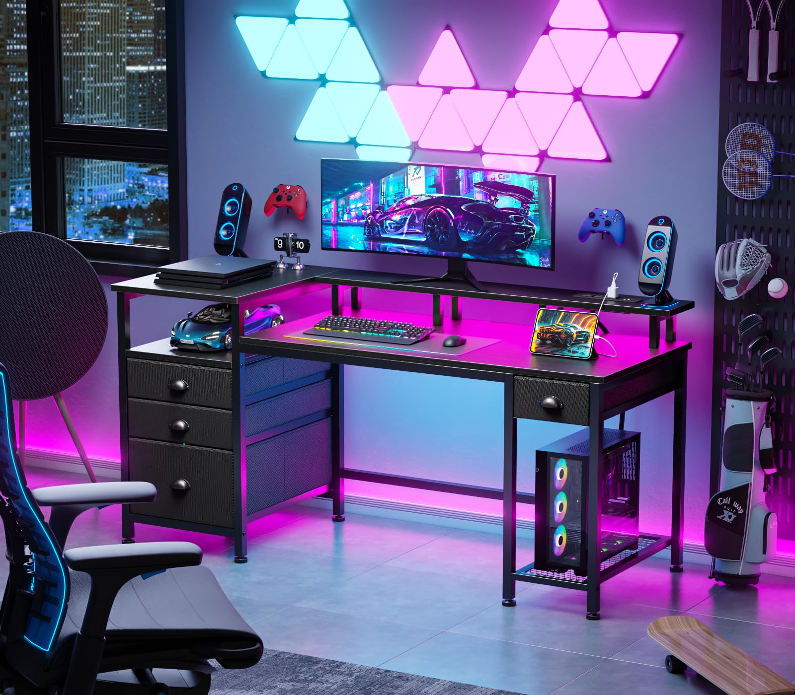 Furologee 60" Black Computer Desk with 4 Drawers and Printer Space, Gaming Desk with LED Lights and USB Power Outlets, Home Office Desk with Fabric File Cabinet,Study Work Table with Shelf for Bedroom