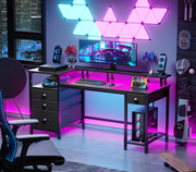 Furologee 60" Black Computer Desk with 4 Drawers and Printer Space, Gaming Desk with LED Lights and USB Power Outlets, Home Office Desk with Fabric File Cabinet,Study Work Table with Shelf for Bedroom