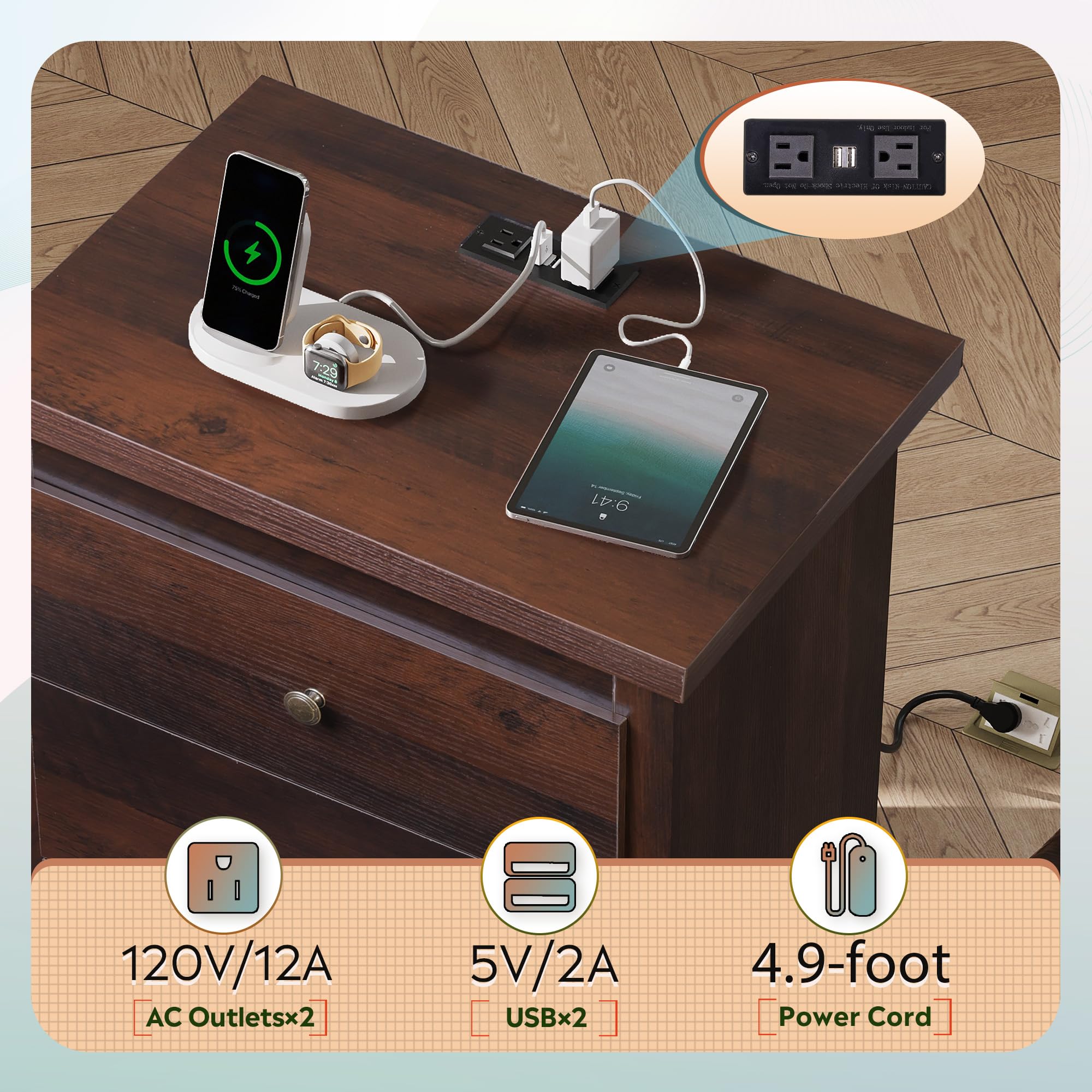 Tall Nightstand with Charging Station & 3 Drawers