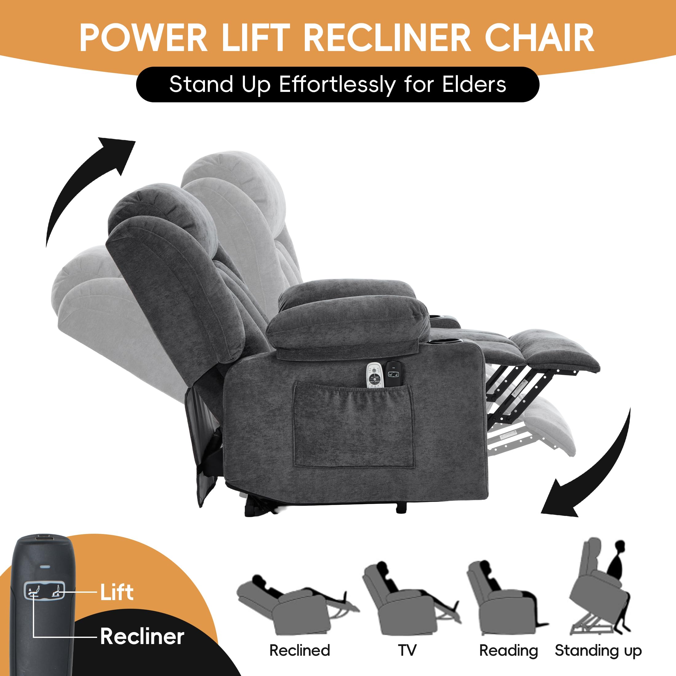 Sftaiyou Power Lift Recliner for Elderly,Electric Recliner Chair with Massage & Heating for Adults, USB Charging, Cup Holders, Side Pocket, Living Room Sofa L1288 (Dark Grey)
