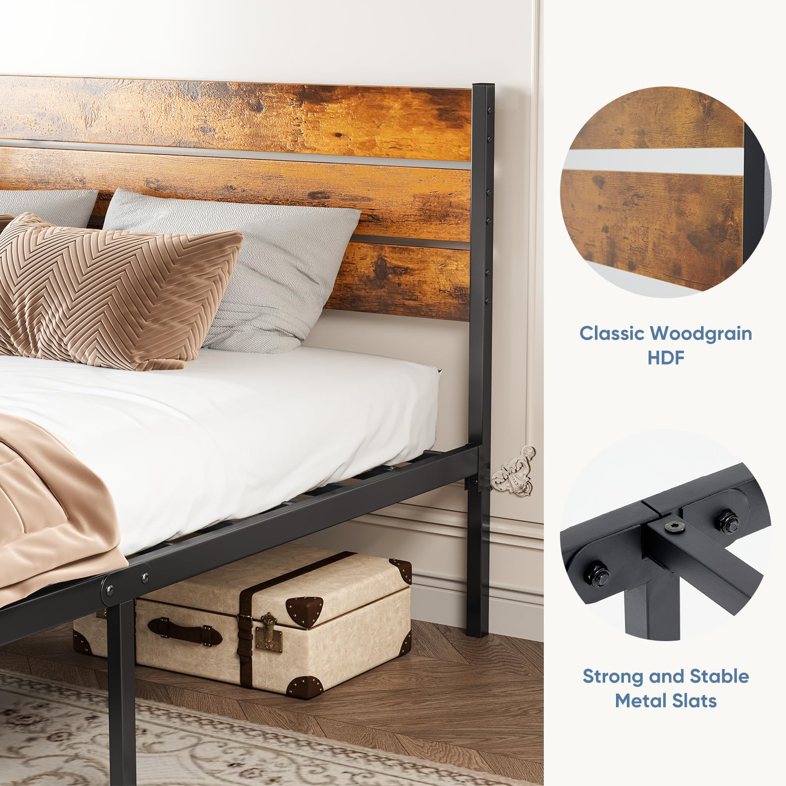 Industrial Metal Bed Frame with Headboard – 800 lb Capacity, Under-Bed Storage