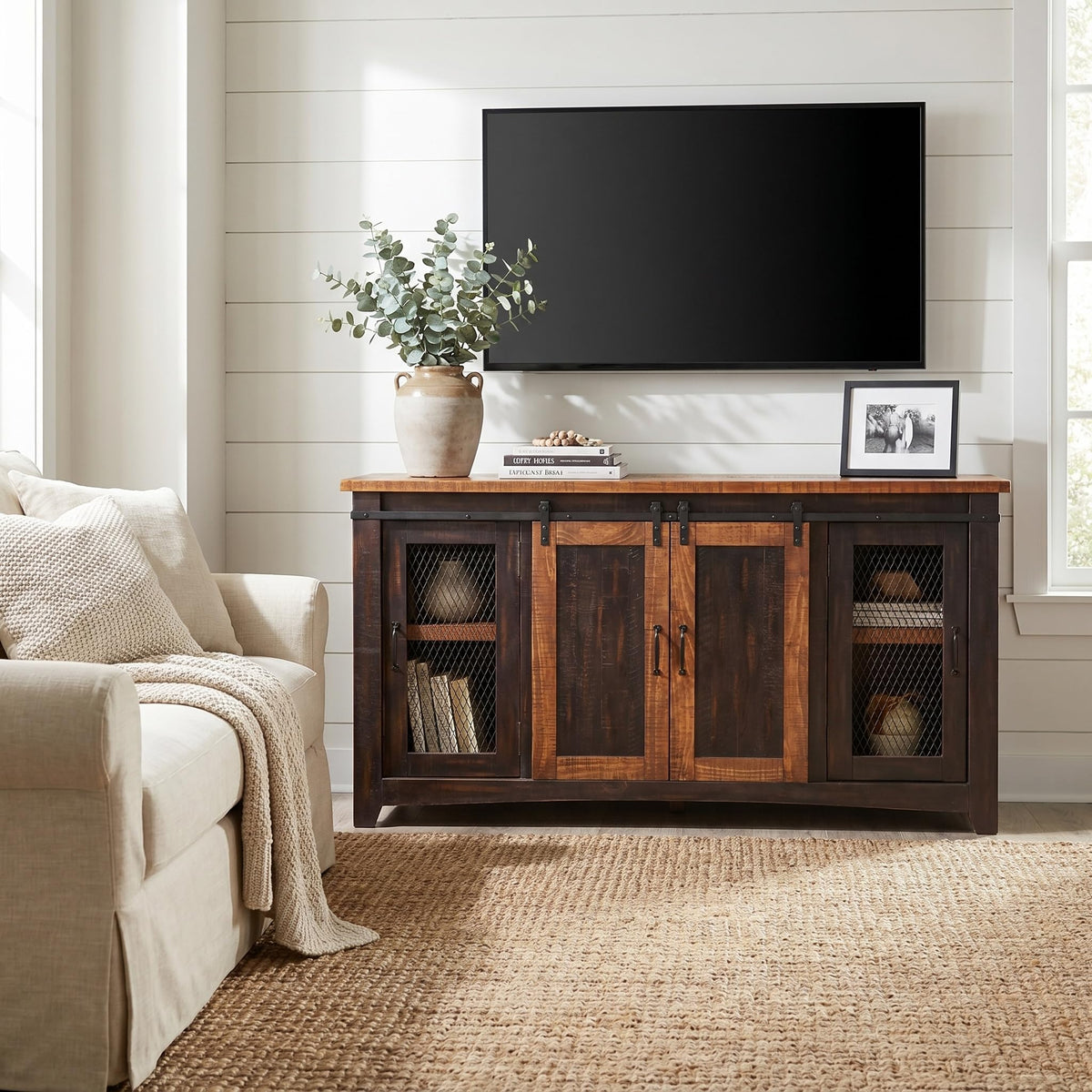 Martin Svensson Home Rustic 65" Wood Entertainment Center, Black and Honey