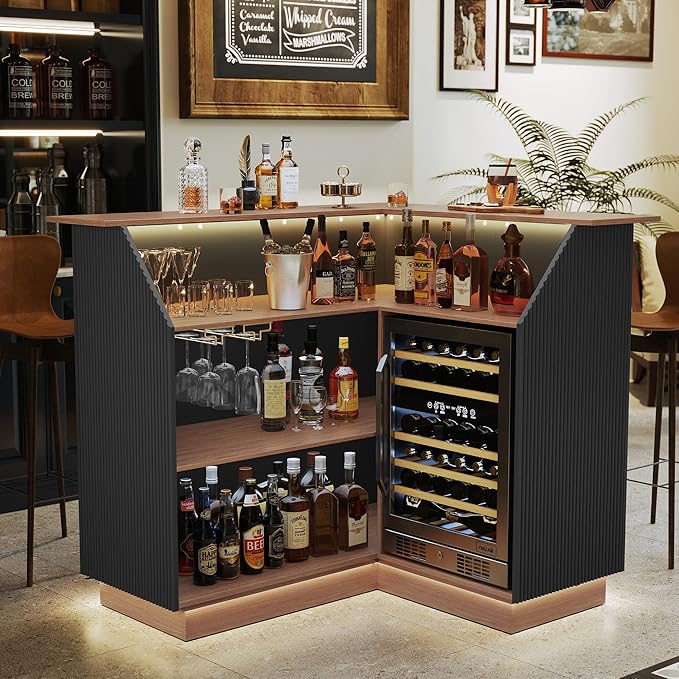 L-Shaped Home Bar Cabinet with Fridge Space & LED Strip