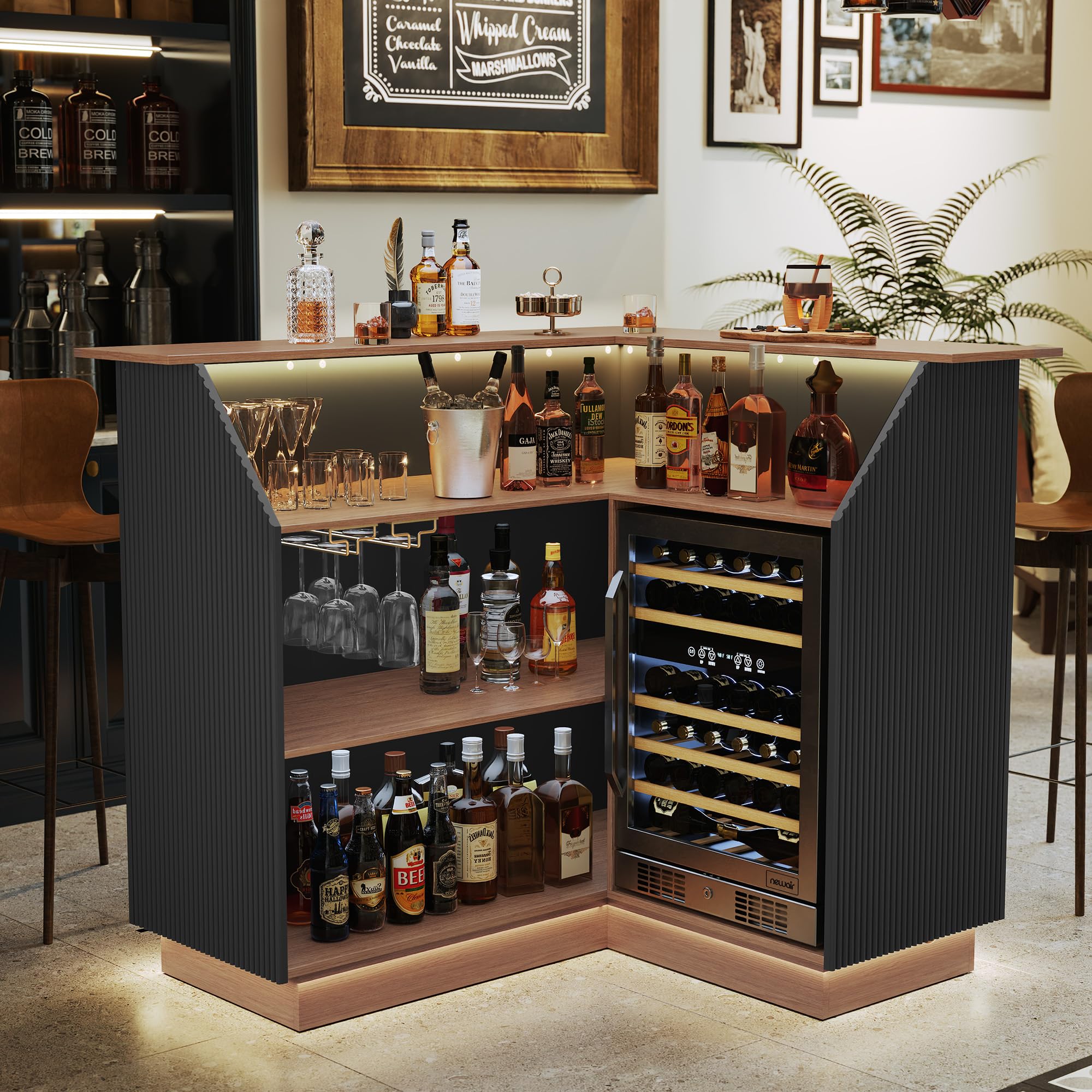ARTPOWER L Shaped Home Bar Cabinet with Fridge Space, Oversized Modern Basement Coffee Bar Table with LED Strip, Fluted 4-Tier Corner Wine Cabinet with Stemware Racks for Dining Living Room, Black