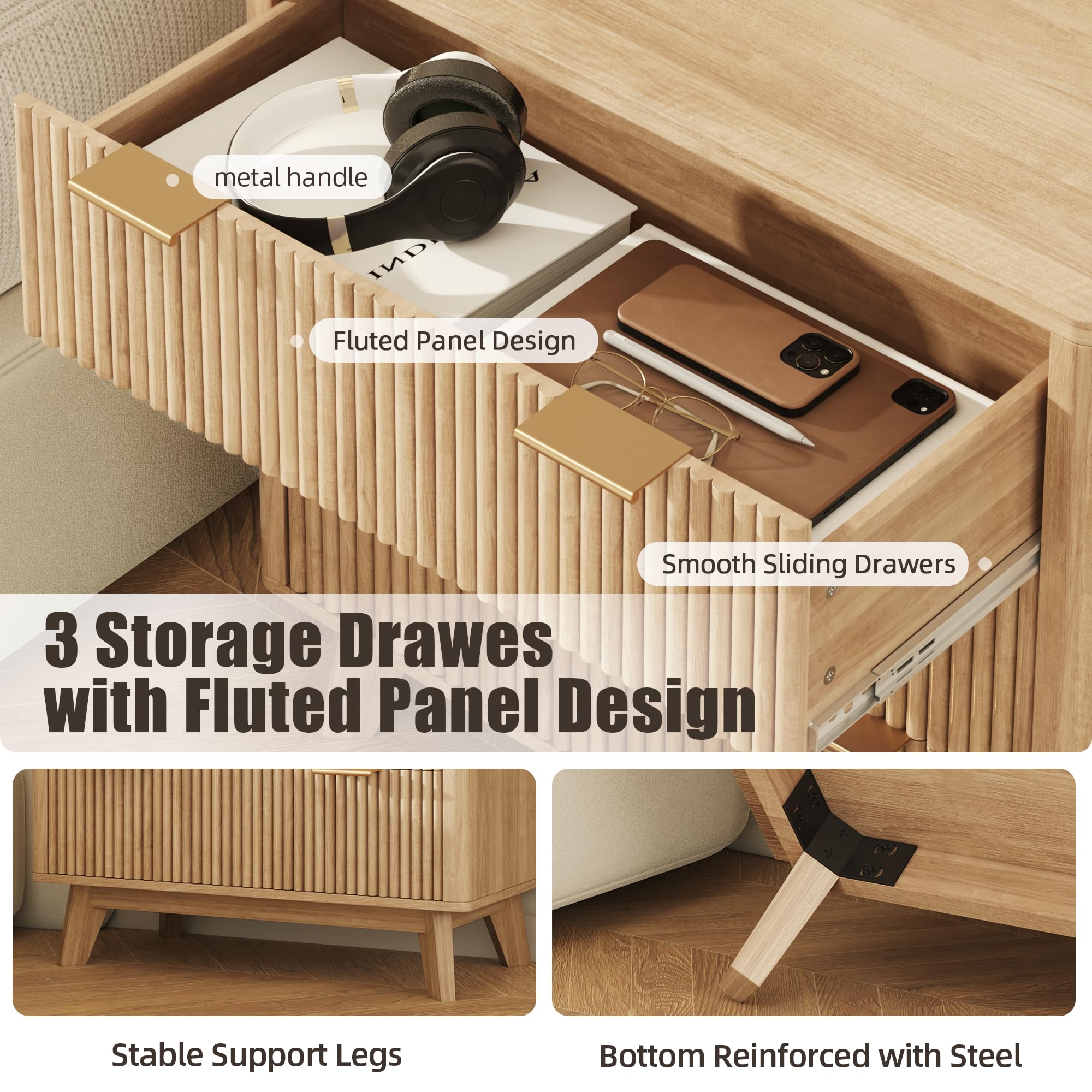 32" Fluted Nightstand with Fast Charging Station & 3 Drawers