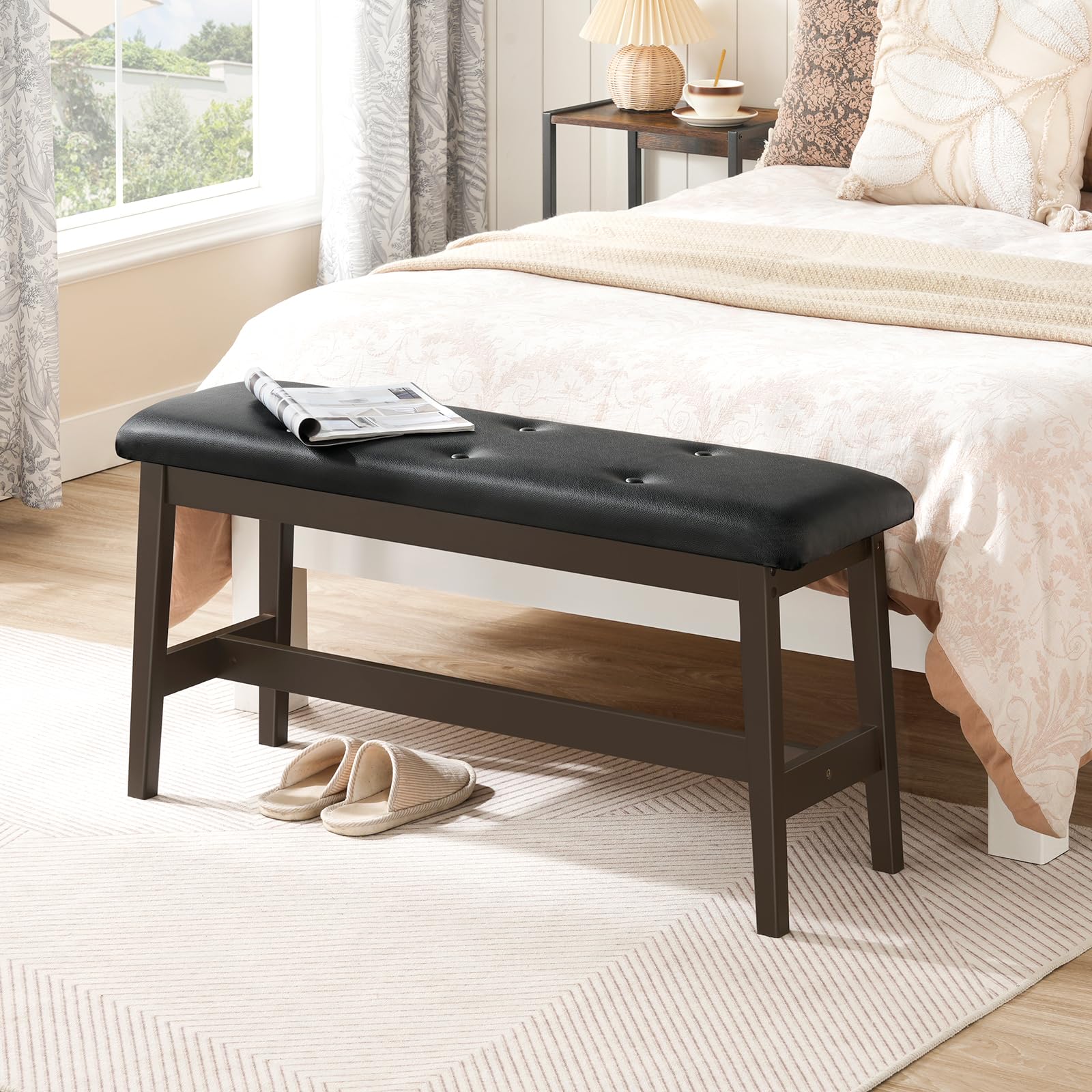 Bamboo Dining Bench with PU Leather Seat