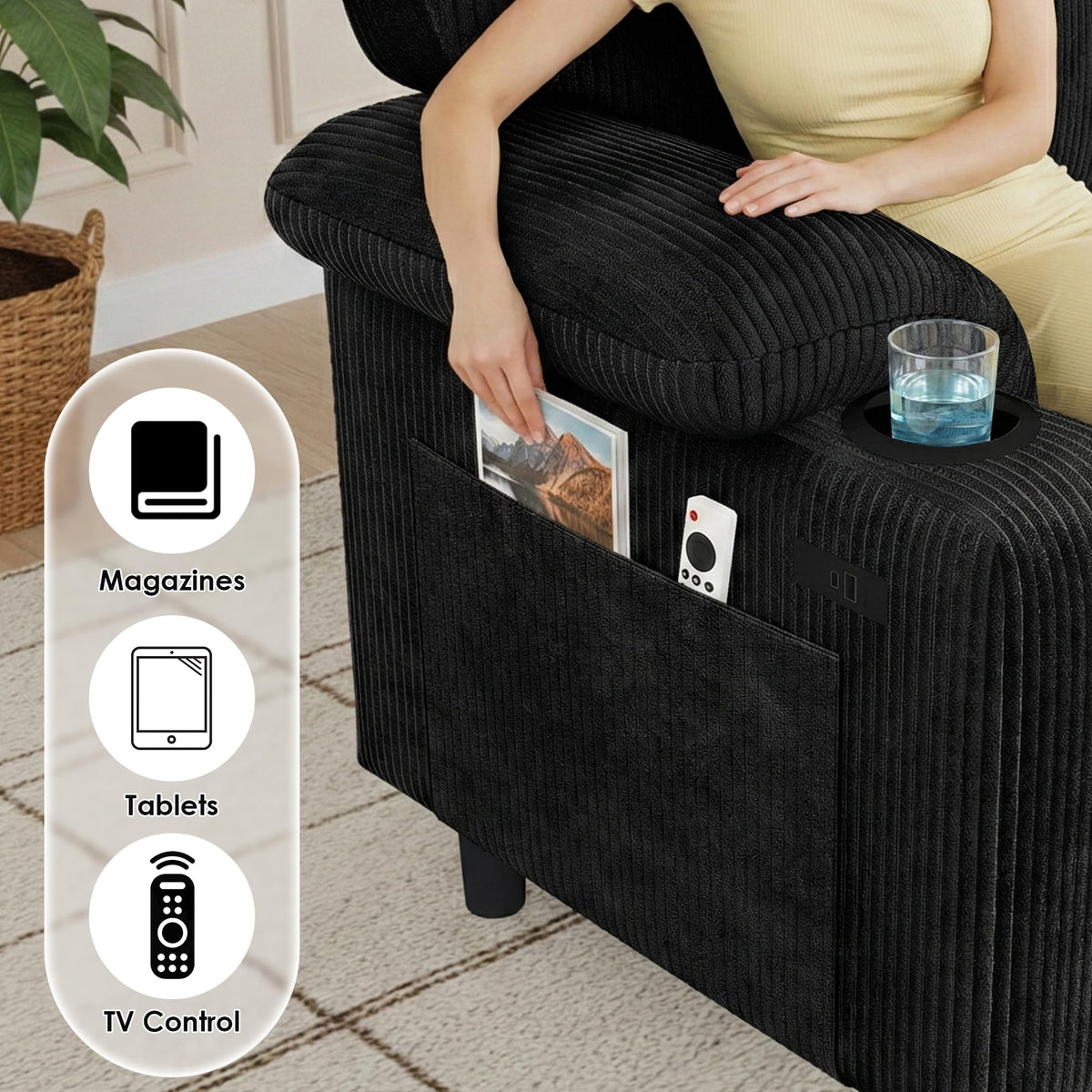 Corduroy Sectional Sofa with Storage Ottoman