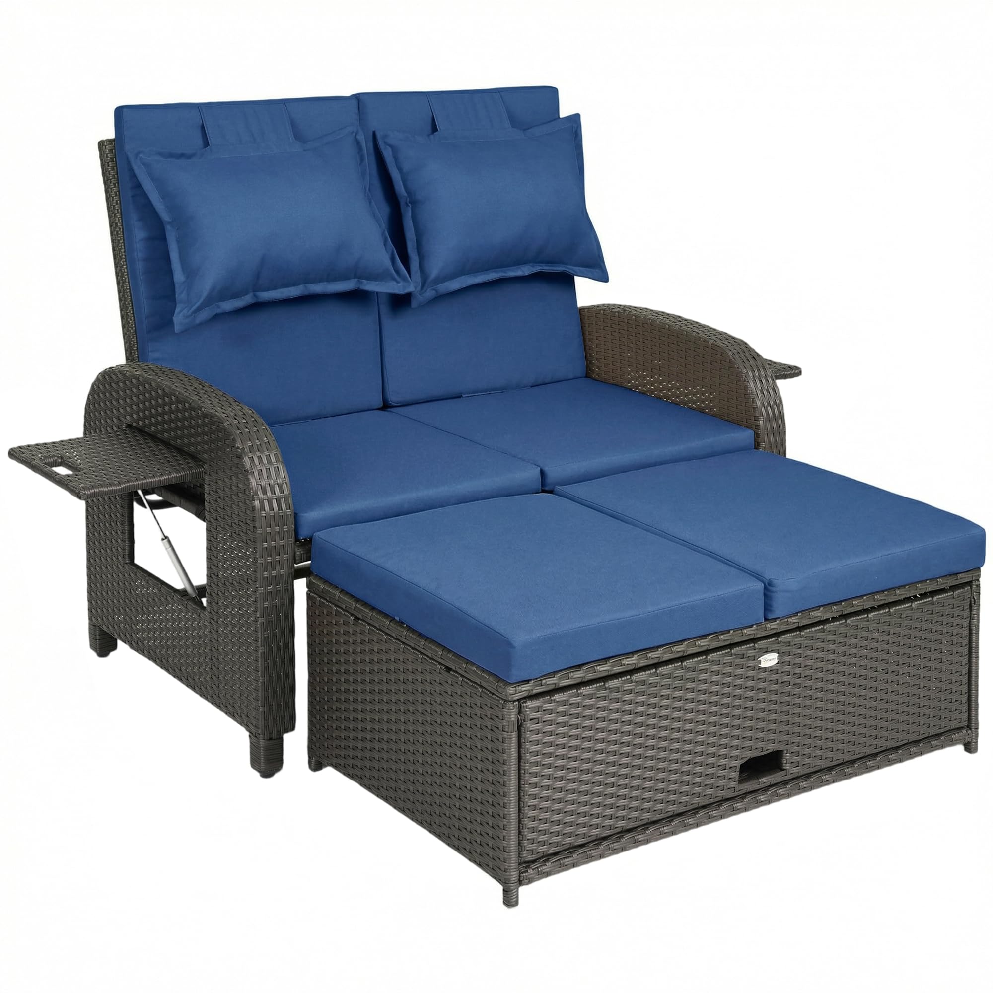 Outsunny Patio Rattan Daybed, Wicker Outdoor Daybed with Storage Ottoman, Loveseat Sofa with Adjustable Backrest, Side Tables, Cushions, Headrests, Double Sunbed Lounger for Balcony, Navy Blue