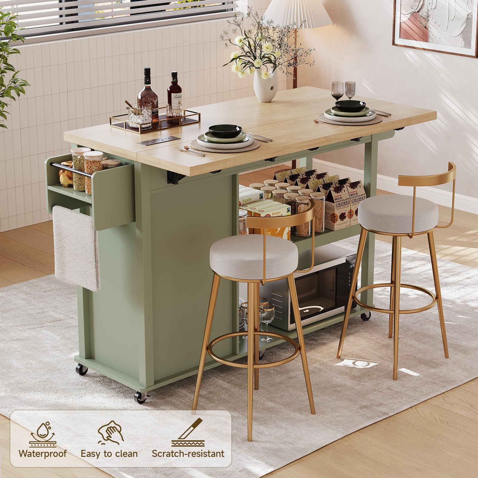 Rolling Kitchen Cart with Drop Leaf & Trash Cabinet
