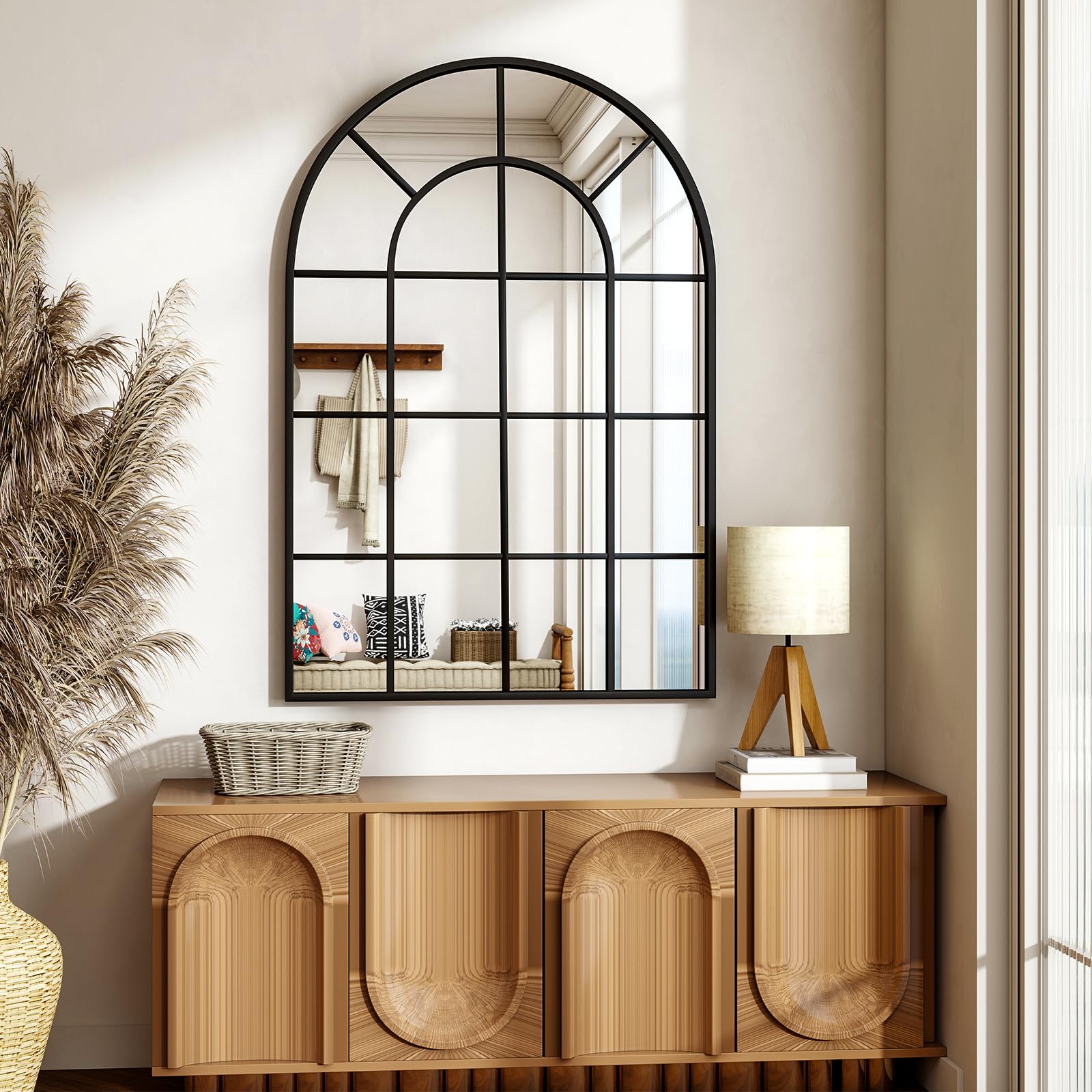 Arched Grid Wall Mirror with Metal Frame