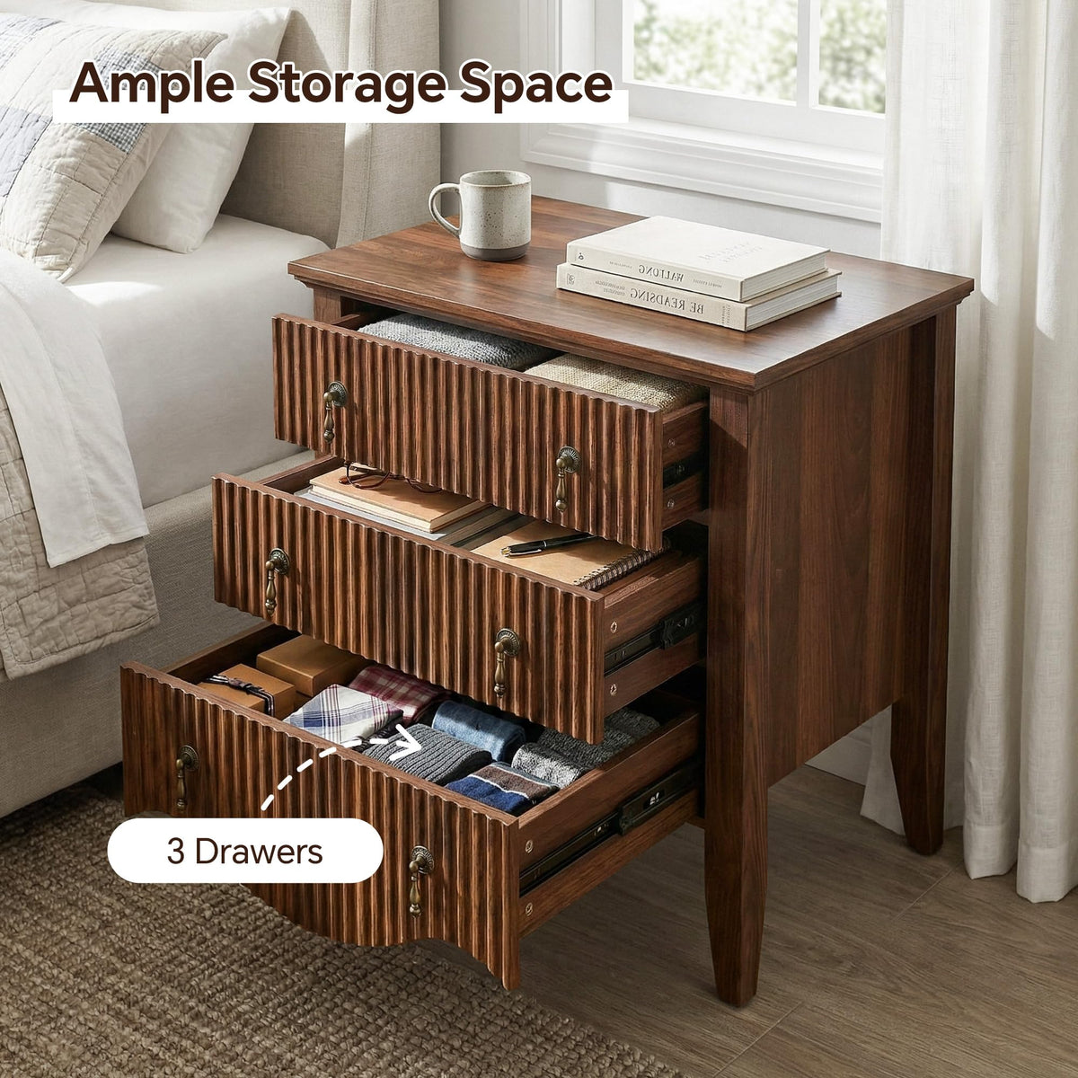 FUSUNBAO Set of 2 Nightstands with Charging Station&3 Fluted Drawers,Walnut