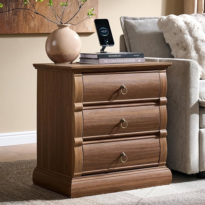 Vintage 3-Drawer Nightstand with Charging Station