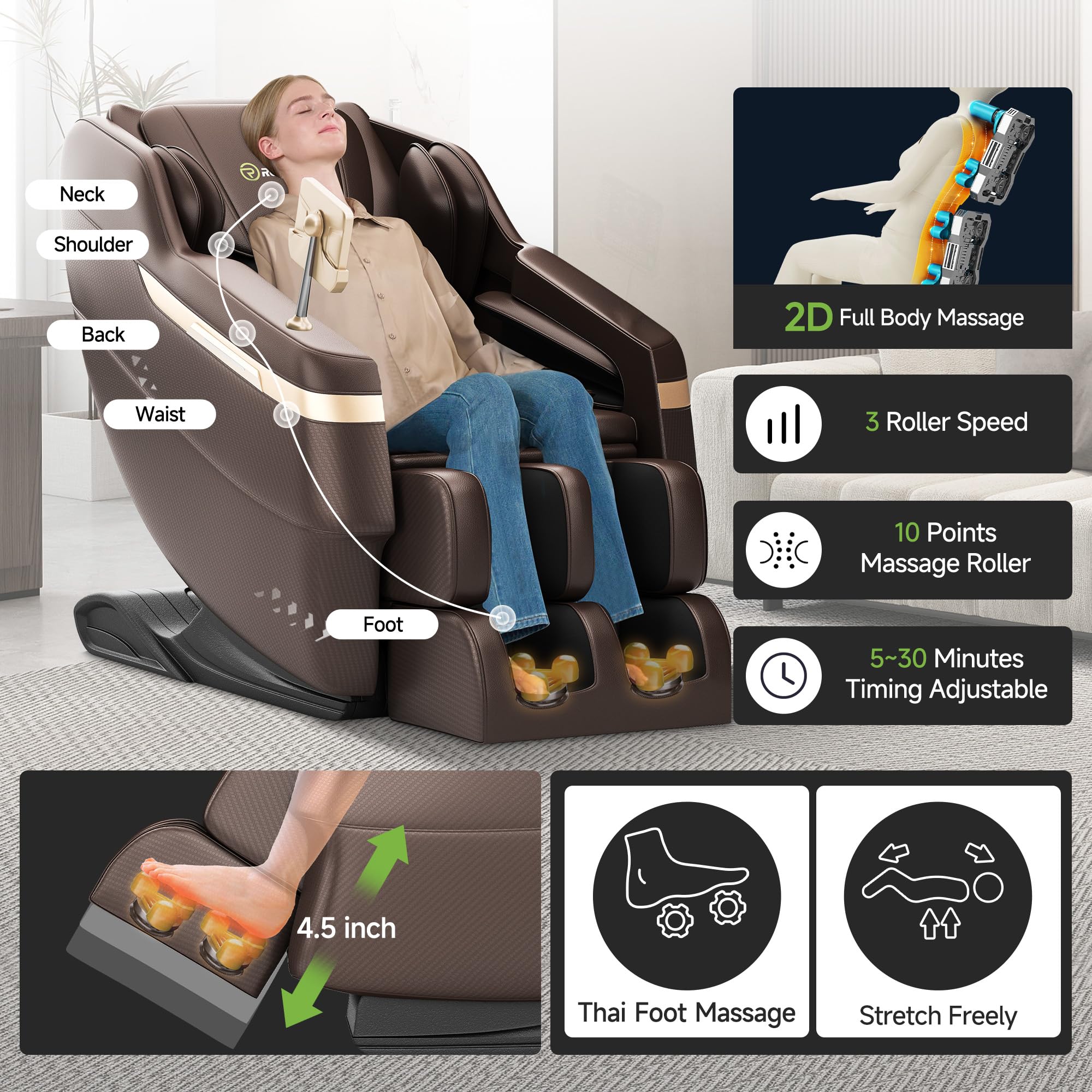 Real Relax 2025 Full Body Massage Chair, Zero Gravity Shiatsu Massage Chair Recliner, Foot Massage, Bluetooth, Large Control Screen (Brown and Gold)