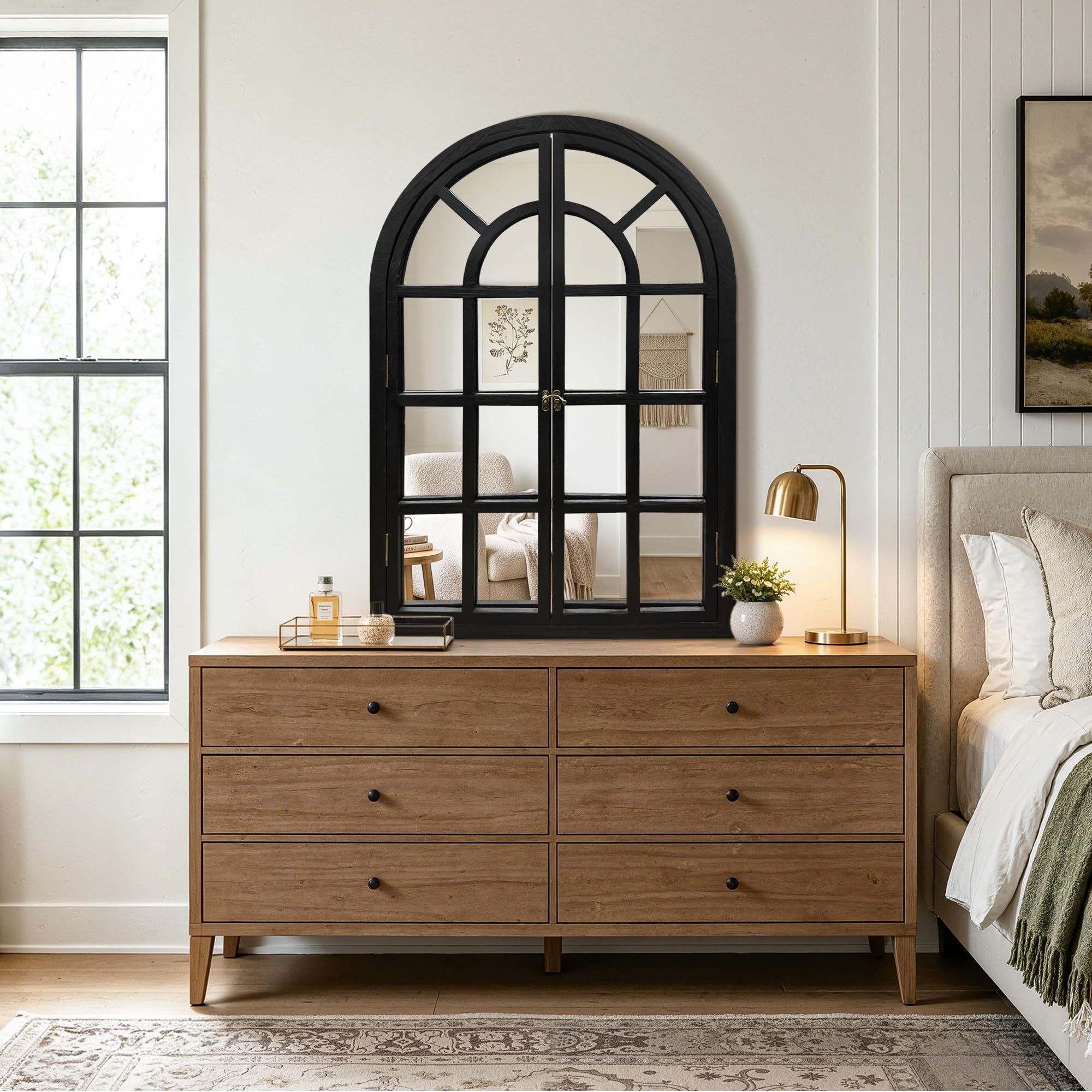 FICTOR Arched Wall Mirror with Openable Window, 28" x 40" Rustic Farmhouse Wood Framed Decorative Accent Mirror for Living Room, Bedroom, Entryway, Hallway, Fireplace, Black