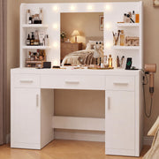OLIXIS Vanity Desk with Mirror and LED Bulbs, Power Outlet Makeup Table with 3 Drawer & 2 Storage Cabinet, 3 Adjustable Lighting, Modern Ample Storage Dressing Table for Bedroom, White