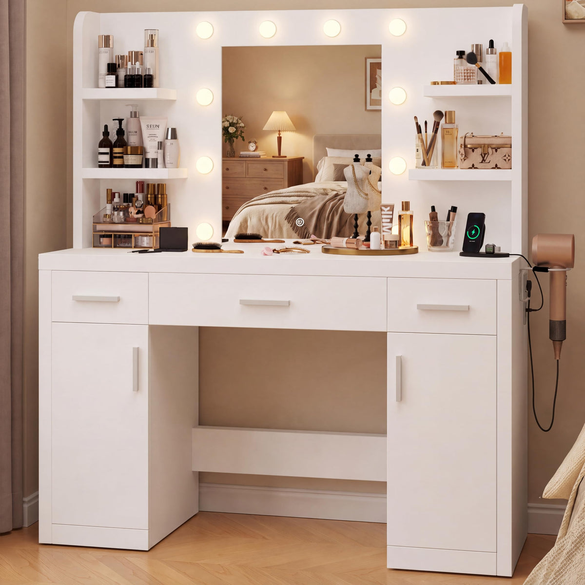 OLIXIS Vanity Desk with Mirror and LED Bulbs, Power Outlet Makeup Table with 3 Drawer & 2 Storage Cabinet, 3 Adjustable Lighting, Modern Ample Storage Dressing Table for Bedroom, White
