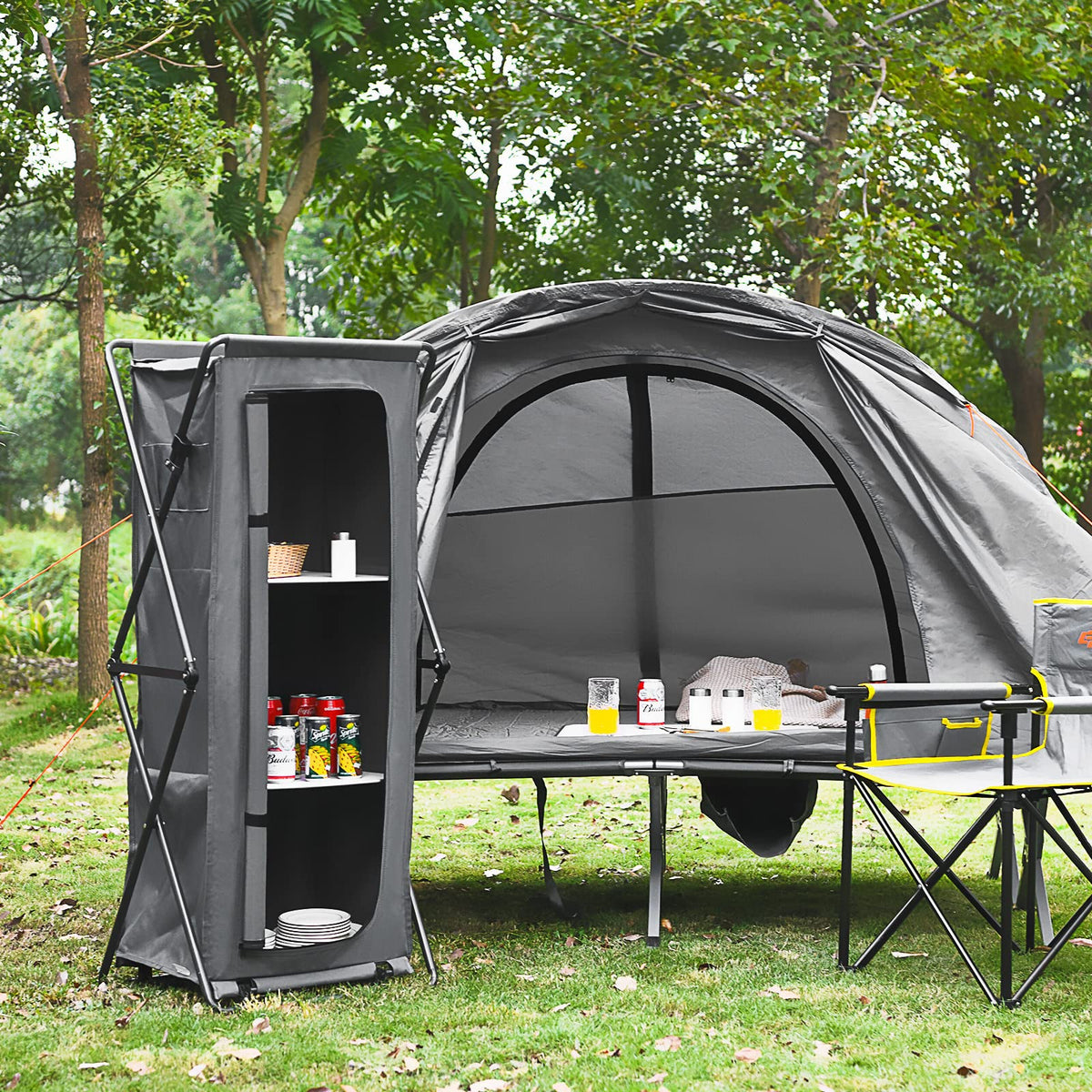 GIANTEX Folding Camping Storage Cabinet with 3 Shelves and Carry Bag, Portable Outdoor Organizer Kitchen Table, Quick Set-up for BBQ, Picnic, Backyard, Compact Pop-Up Cupboard, 55''H
