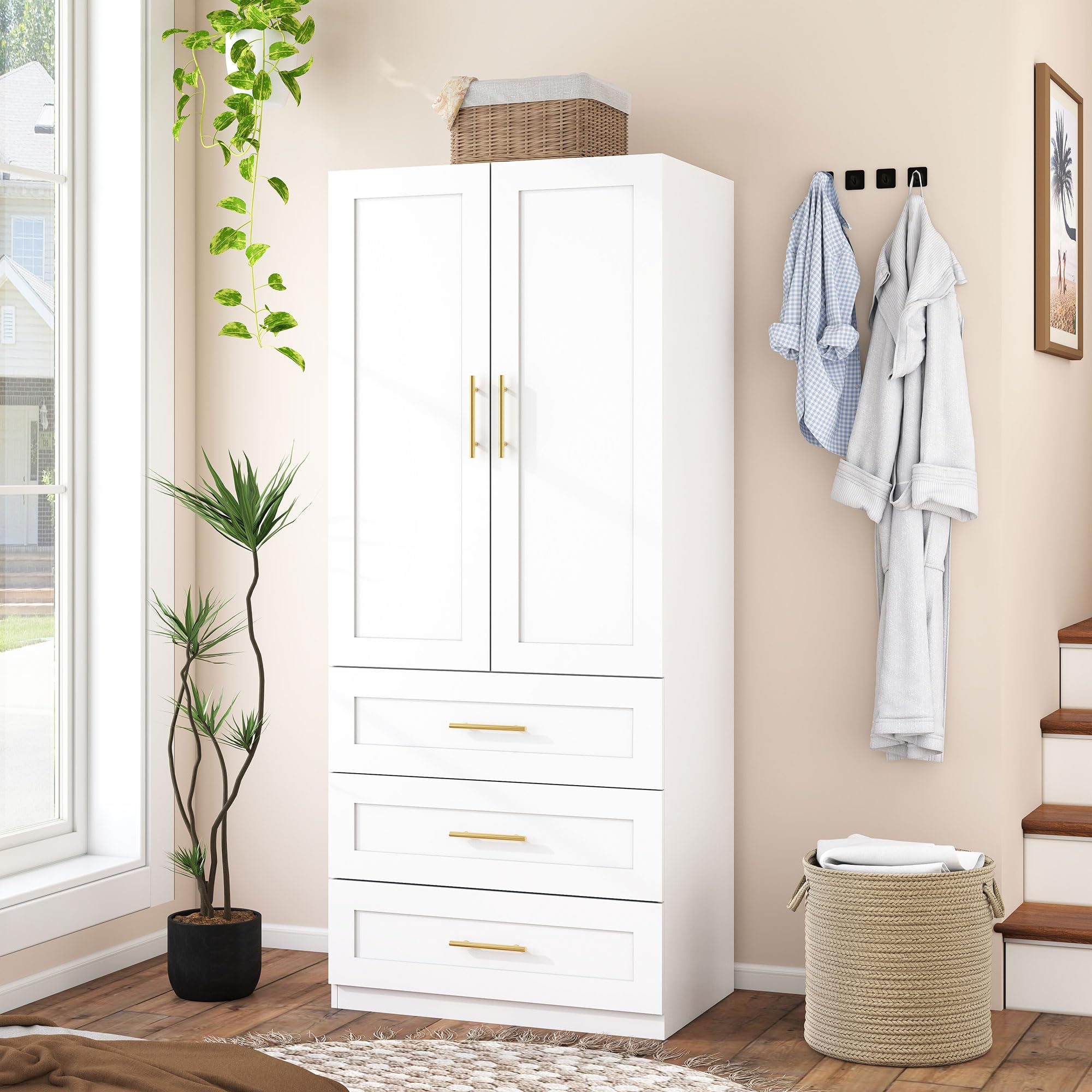Wardrobe Closet with Drawers & Hanging Rod