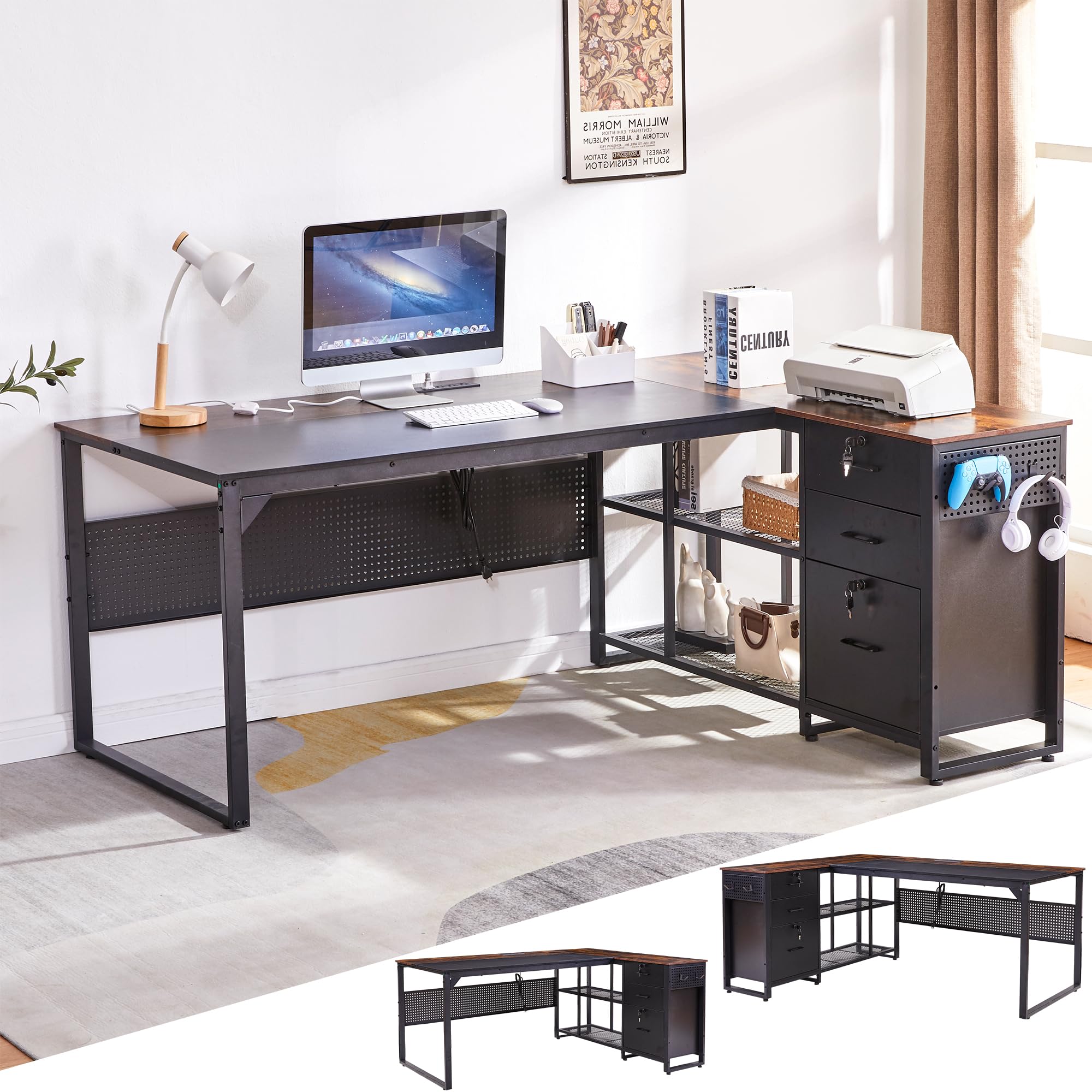 70 Inch Reversible L Shaped Desk with Drawers,Executive Desk with Power Outlet, Lockable File Drawer and Storage Shelves,L Shaped Office Desk with Pegboard,Large Corner Desk for Home Office (70.5")