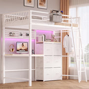 Decofy Twin Loft Bed with Desk and 6 Storage Drawers, Metal Twin Size Loft Beds with Charging Station & LED Lights, Bed Frame with Hanging Rod, Safety Ladder & Guardrail, Bedside Caddy for Kids, Teens