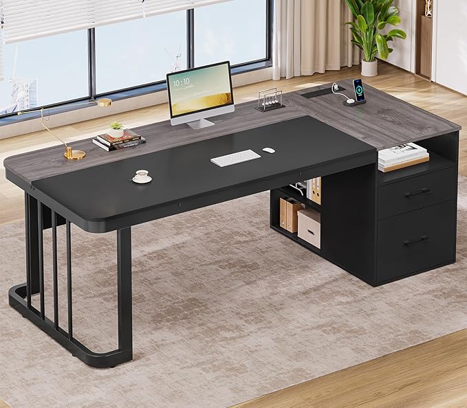70.9" Executive Desk with Power Outlet, Drawers & File Cabinet