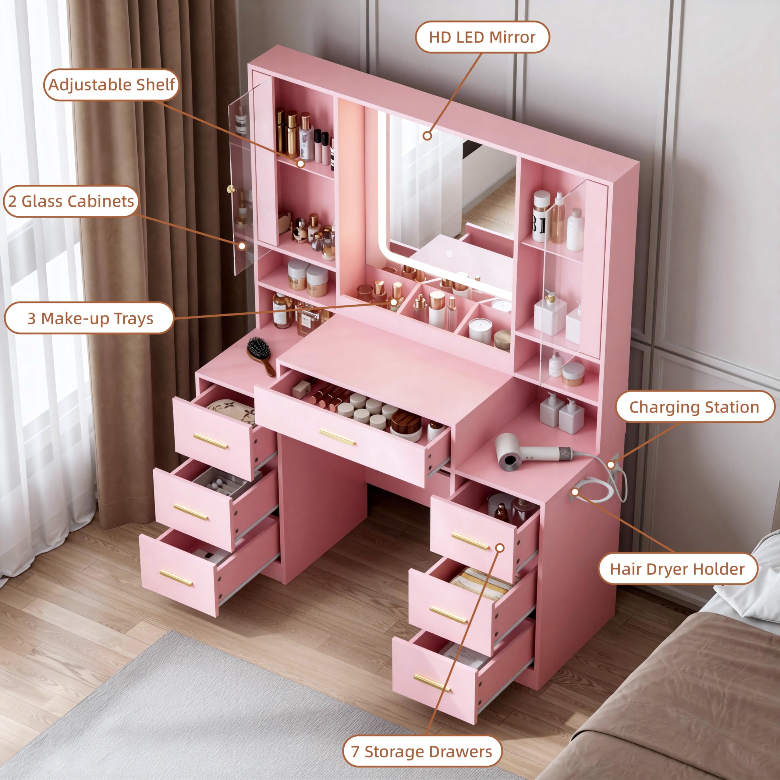 ANYMAPLE Vanity Desk with Mirror & Lights, Makeup Vanity with Power Strip, 7 Drawers & 2 Cabinets, Hair Dryer Holder, RGB Cabinet Lighting, 3-Color Dimmable Mirror