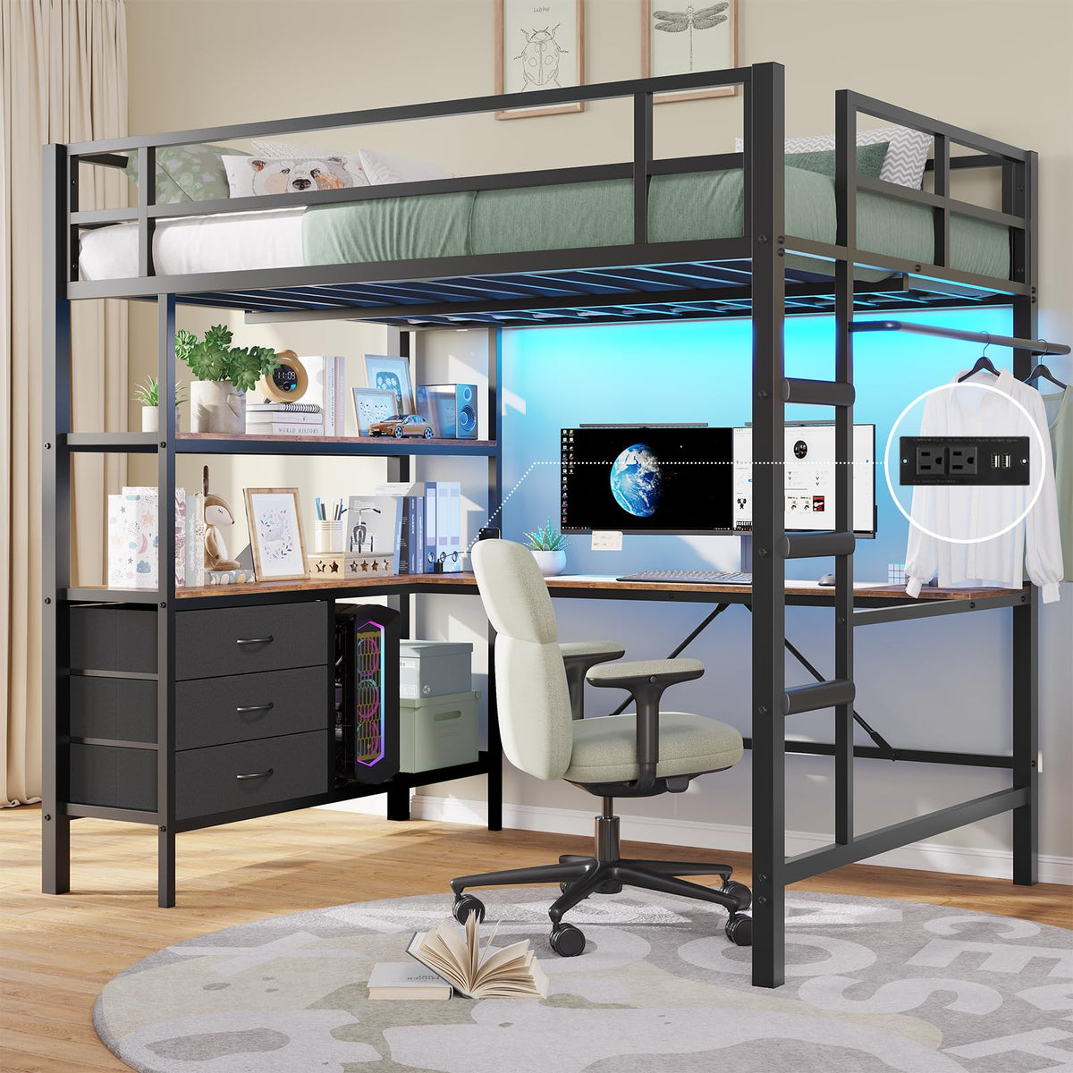 Metal Loft Bed with Desk & Storage