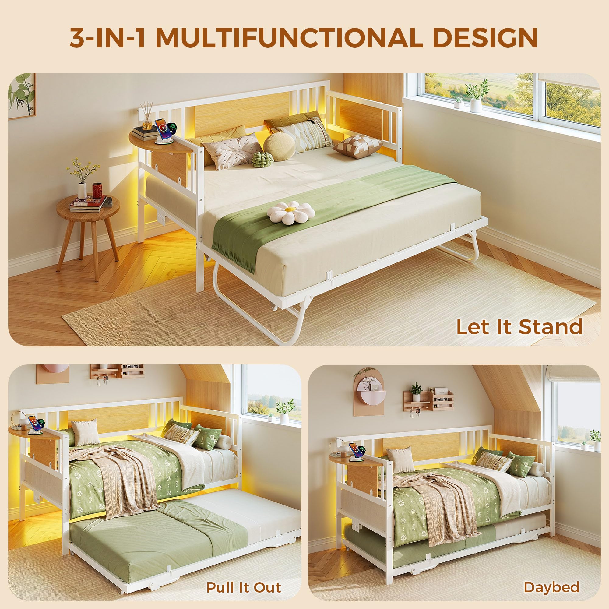 Twin Daybed with Trundle, LED Lights & Charging Station