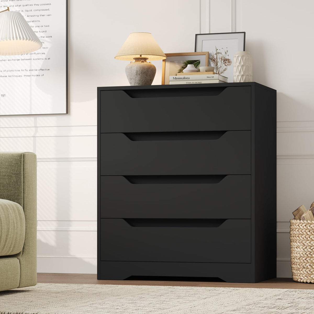HOSTACK Modern 4 Drawers Dresser, Wood Chest of Drawers with Storage, Black