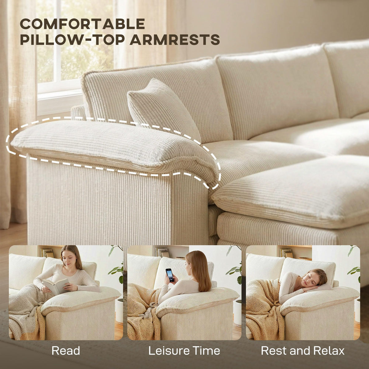 Corduroy Sectional Sofa with Ottoman