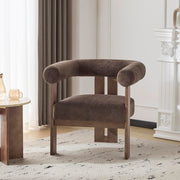 Christopher Knight Home Rones Modern Velvet Upholstered Accent Chair, Wooden Living Room Club Chair with Curved Backrest, Minimalist Bedroom Comfy Reading Chair, Thick Padded Seat, Dark Brown+Walnut