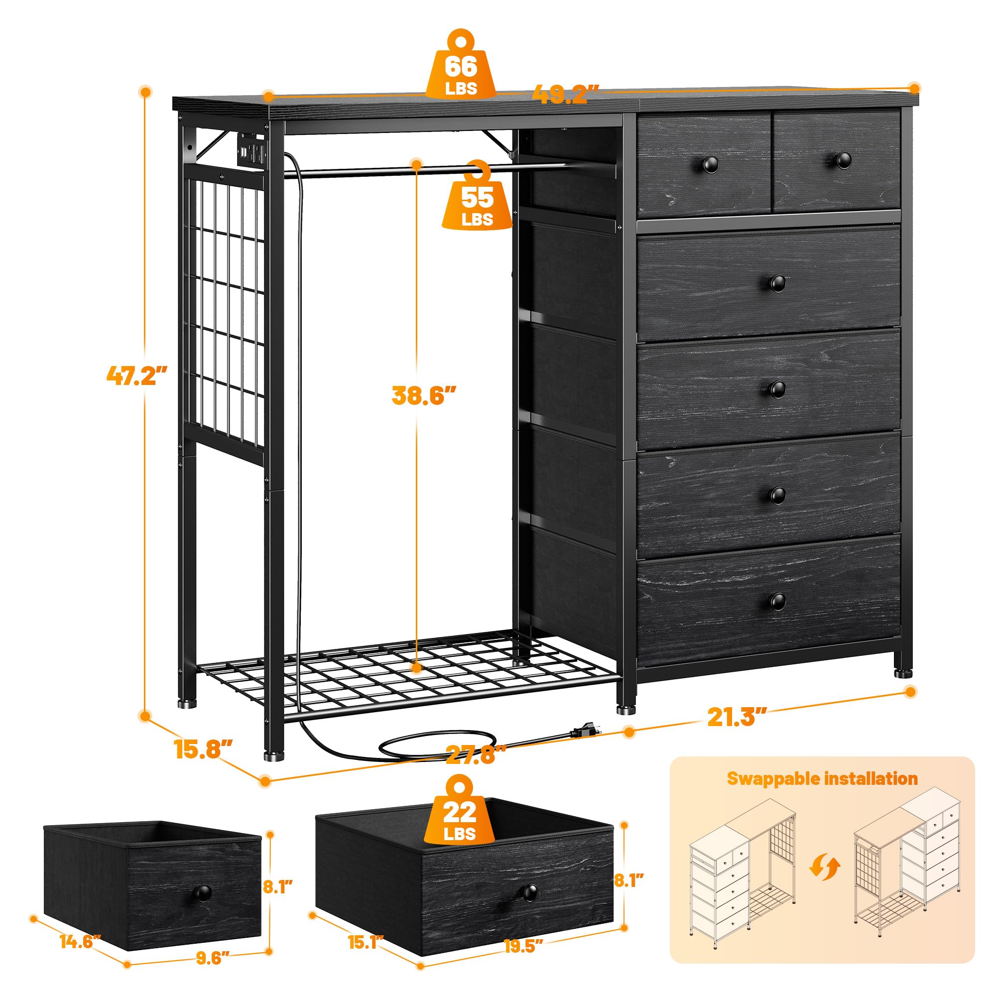 EnHomee 49.2" W Dresser for Bedroom with Hanging Rack 6 Drawers Dresser with LED Lights & Charging Station, Fabric Dressers & Chest of Drawers with 4 Hooks, Wooden Top, Grid Panel, Black