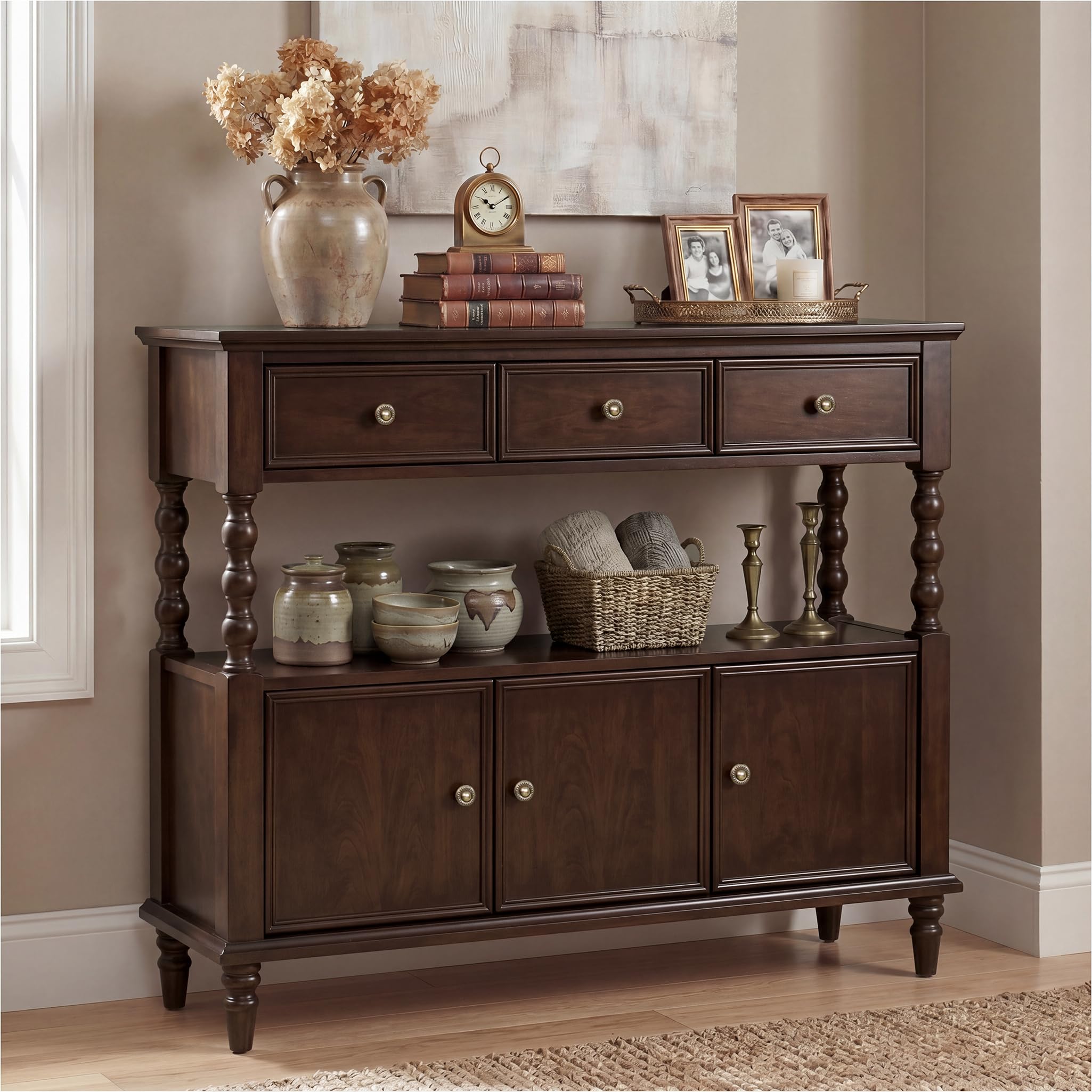 Solid Wood Console Table with Drawers & Cabinet