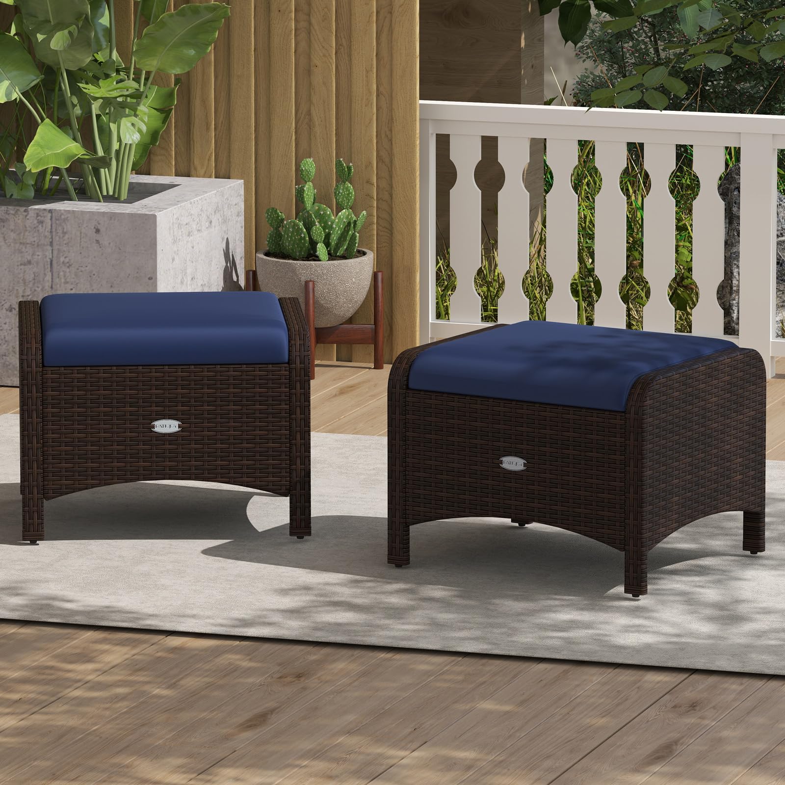 Outdoor PE Rattan Ottoman Set of 2
