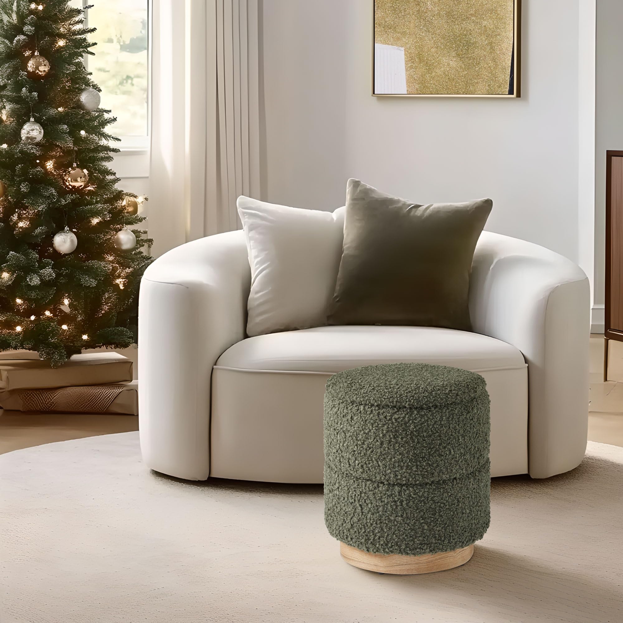 Round Storage Ottoman with Boucle Fabric