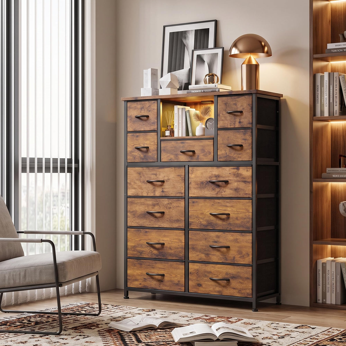 Bepatio Dresser for Bedroom, Charge-Station, LED Light and 13-Drawer, Brown