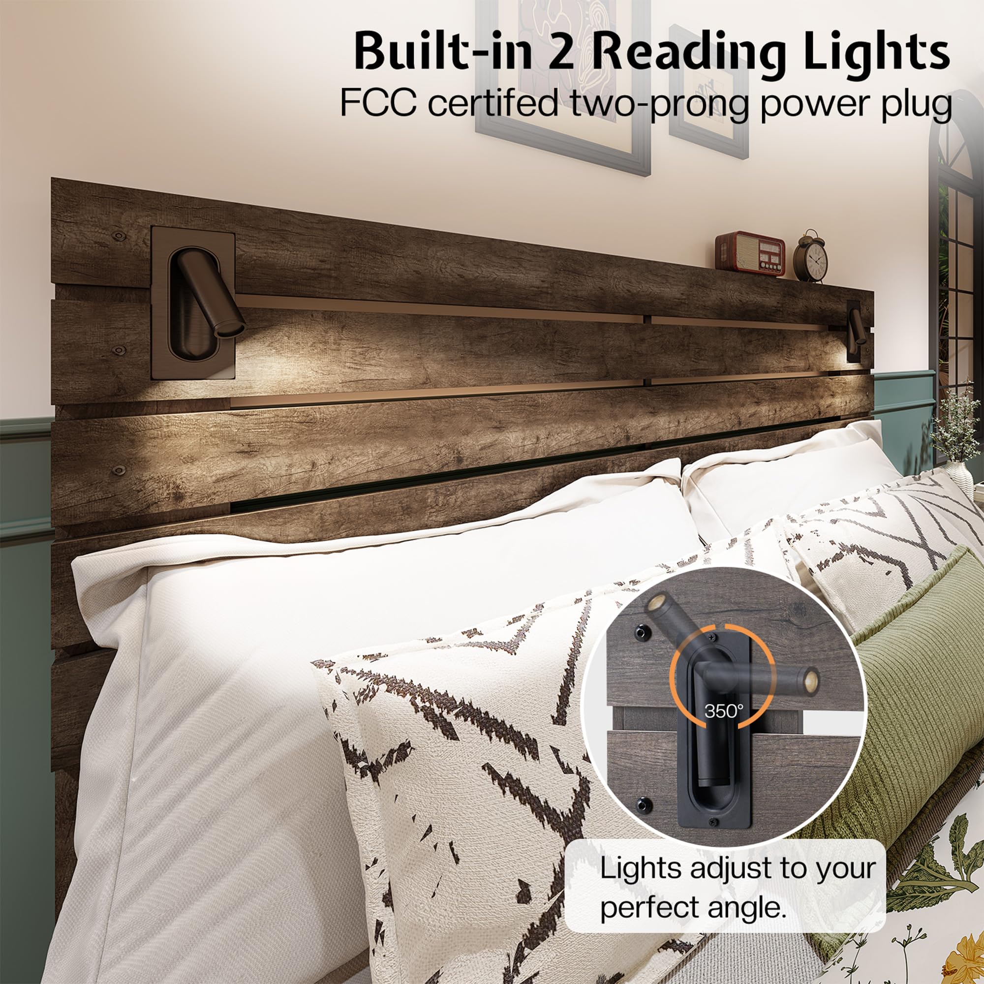 Jocisland King Size Farmhouse Bed Frame with 51" Barn Door Headboard, LED Reading Lights, Platform Bed Frame with Wood Slats, Under Bed Storage Space, Noisy Free, Easy Assembly, Rustic Gray