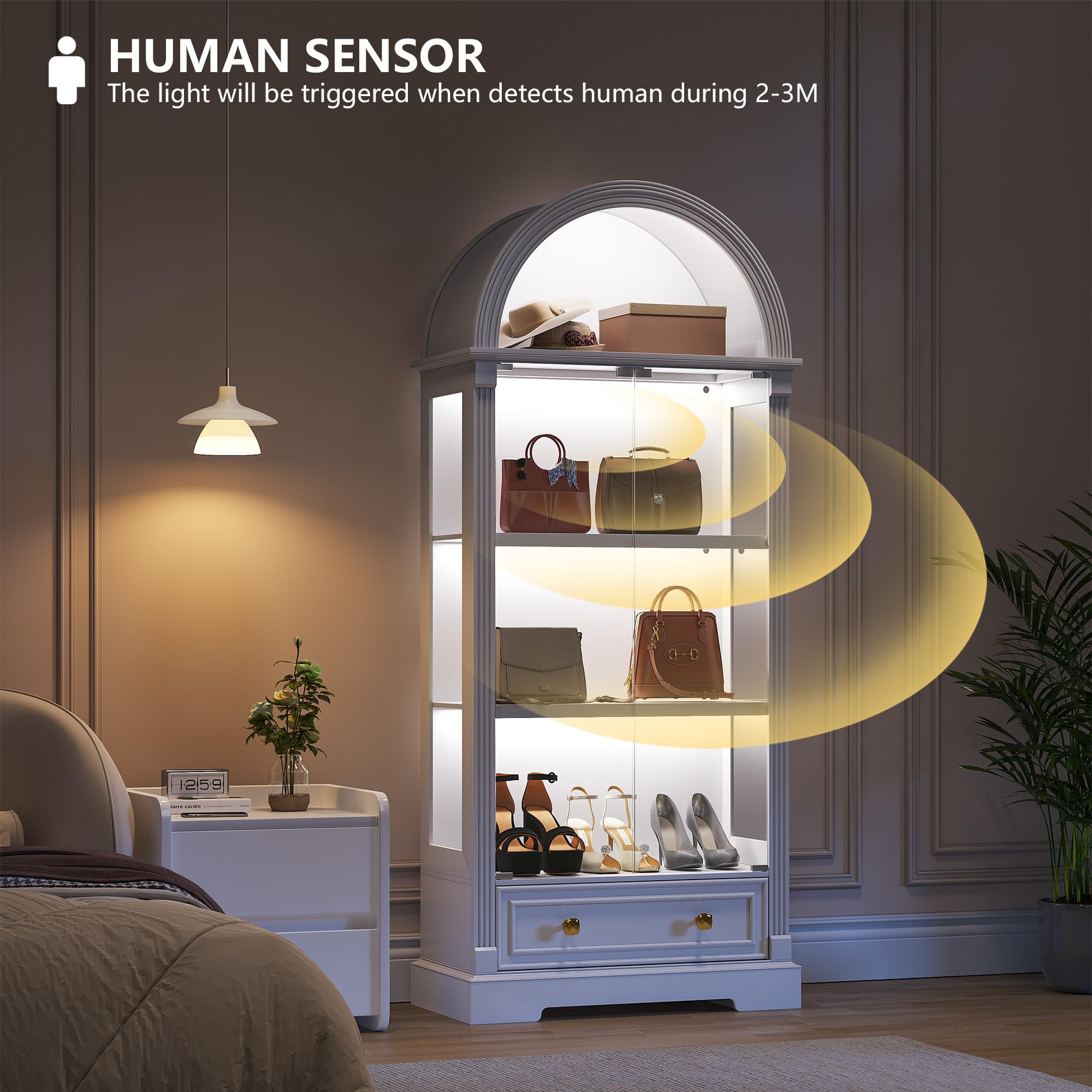 Arched Glass Display Cabinet with Motion Sensor LED Lights
