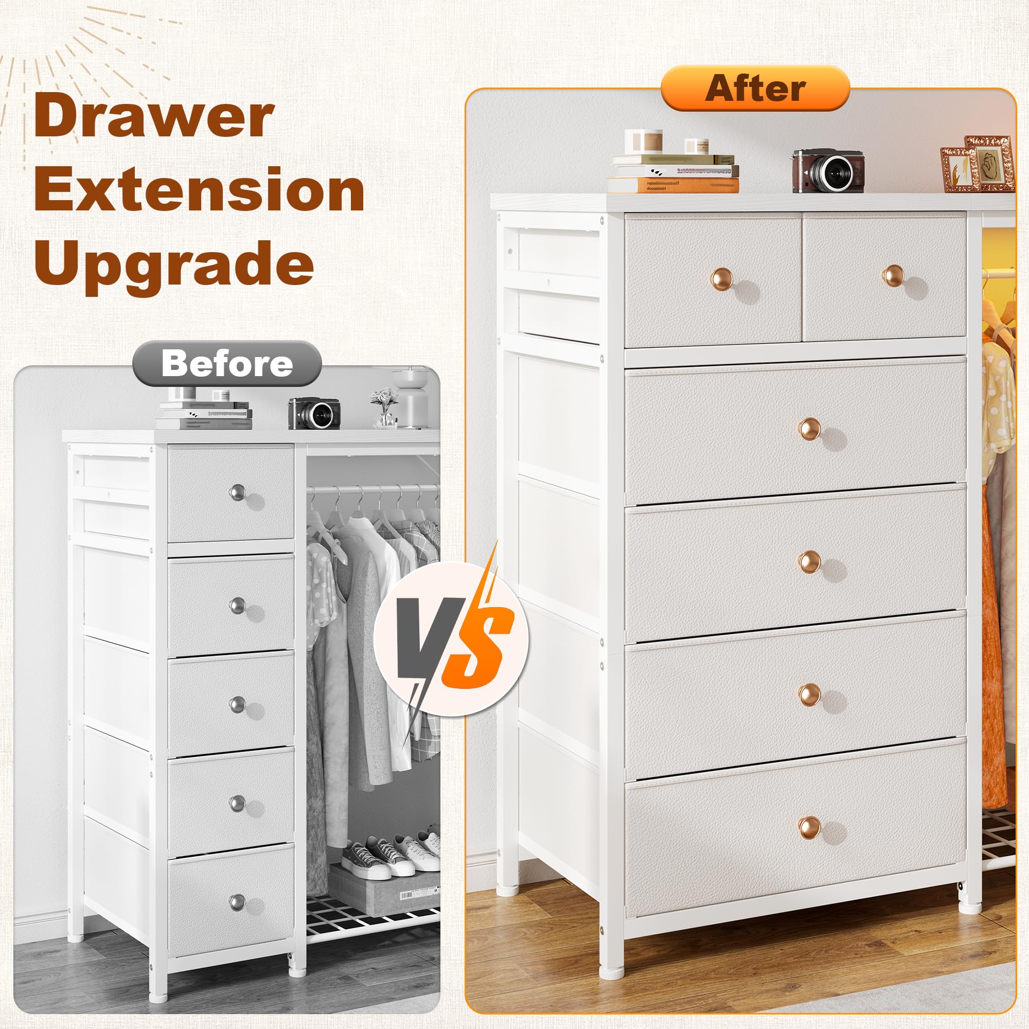 EnHomee 49.2" W Dresser with Hanging Rack & 6 Fabric Drawers for Bedroom, Featuring LED Lights and Charging Station, White Fabric Dressers & Chest of Drawers with Grid Panel & 4 Hooks, Wooden Top