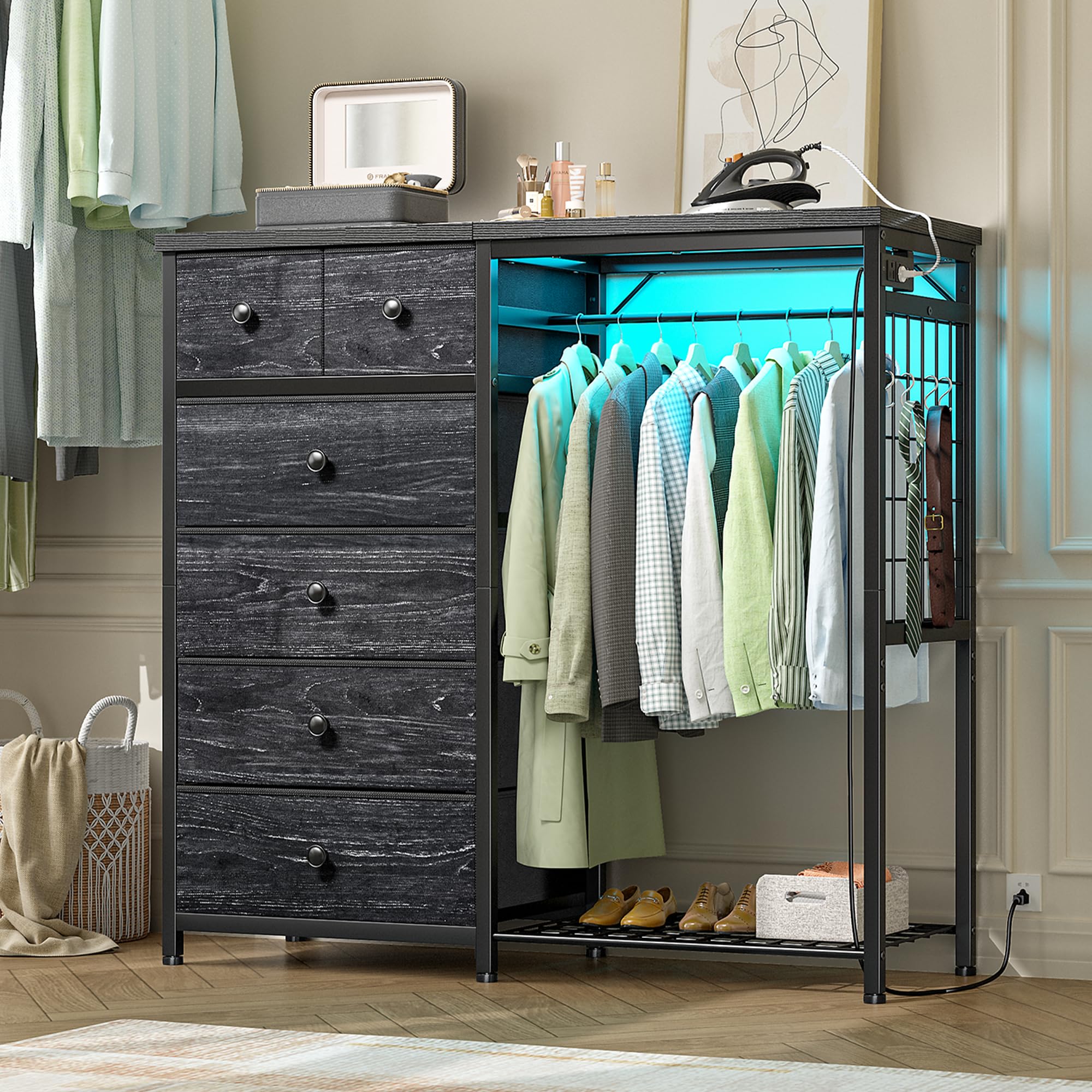 EnHomee Dresser with Hanging Rack, 6 Drawers with LED Lights & Charging Station, Fabric Chest of Drawers, Closet Storage Organizer with Open Shelves for Living Room, Black