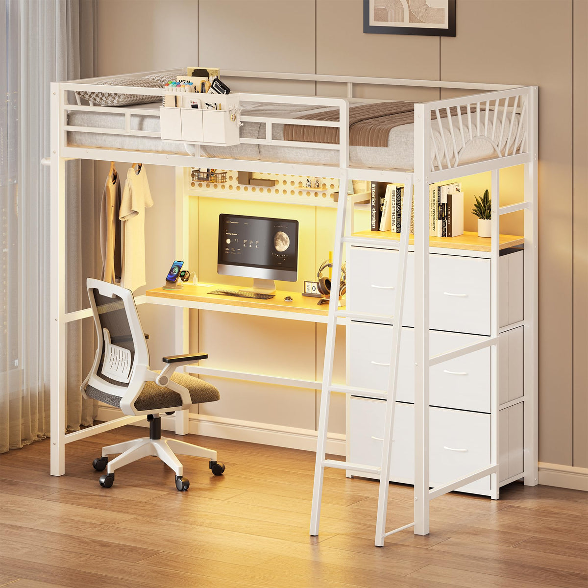 White Twin Loft Bed with Desk & Storage